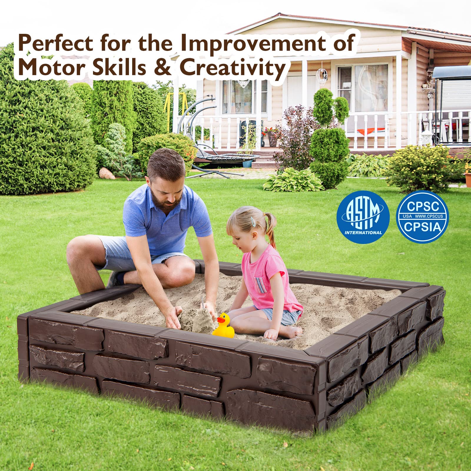 HOGEBABY Kids Sandbox with Cover, 47"x 47" HDPE Sandpit with Oxford Cover, Bottom Liner - Image 5