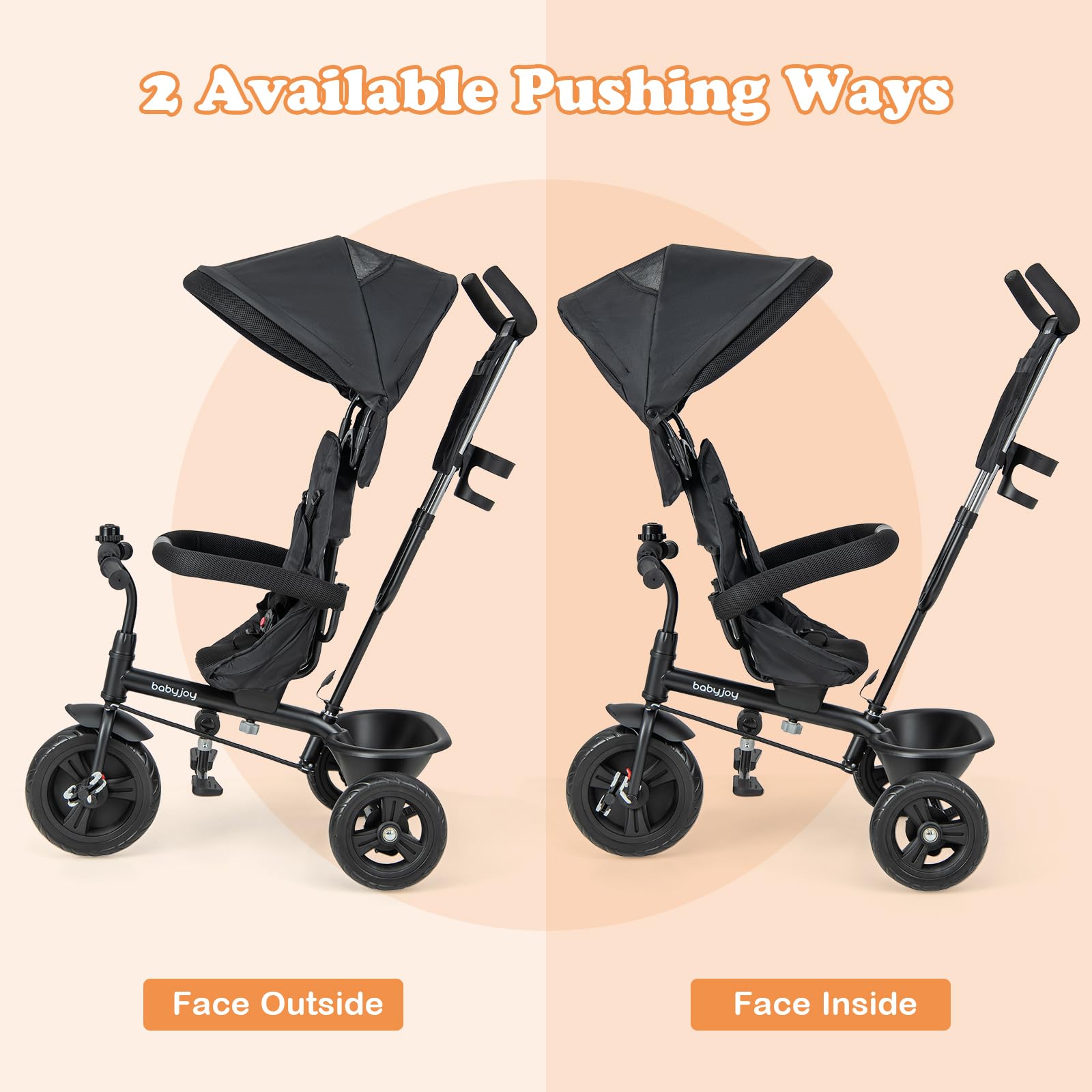 HOGEBABY Tricycle, 4 in 1 Toddler Bike w/Removable Canopy, Adjustable Push Handle, Reversible Seat - Image 5