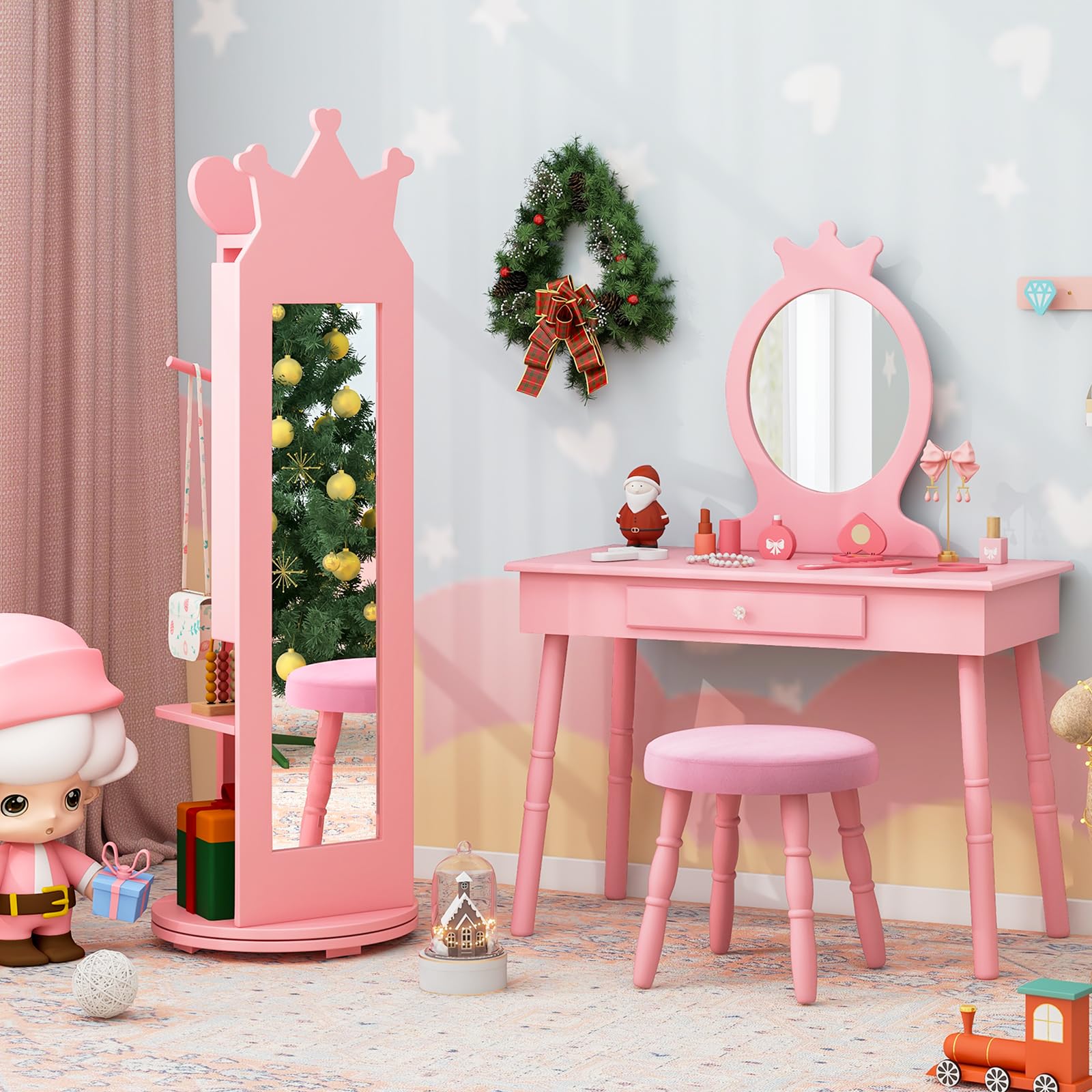 HOGEBABY Kids Vanity & Jewelry Armoire Cabinet, Wooden Kids Vanity Table and Chair Set - Image 5
