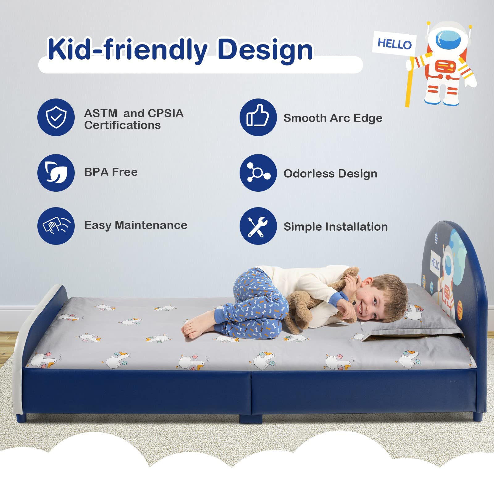 HOGEBABY Twin Bed Frames for Kids, Wood Upholstered Twin Bed Platform with Slat Support - Image 8