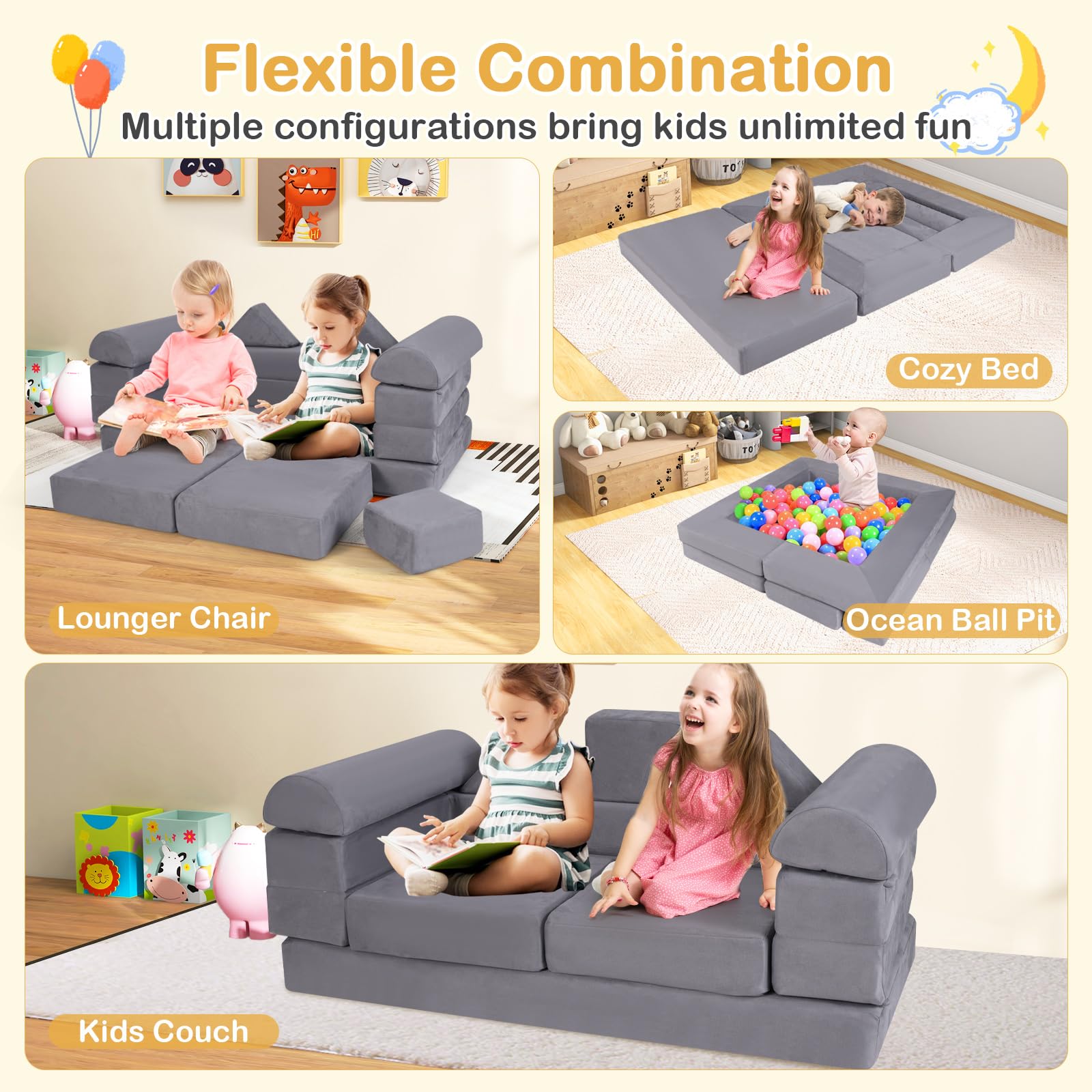HOGEBABY Kids Play Couch, Versatile Building Fort Foam Play Couch for Boys & Girls(9 Pieces) - Image 6