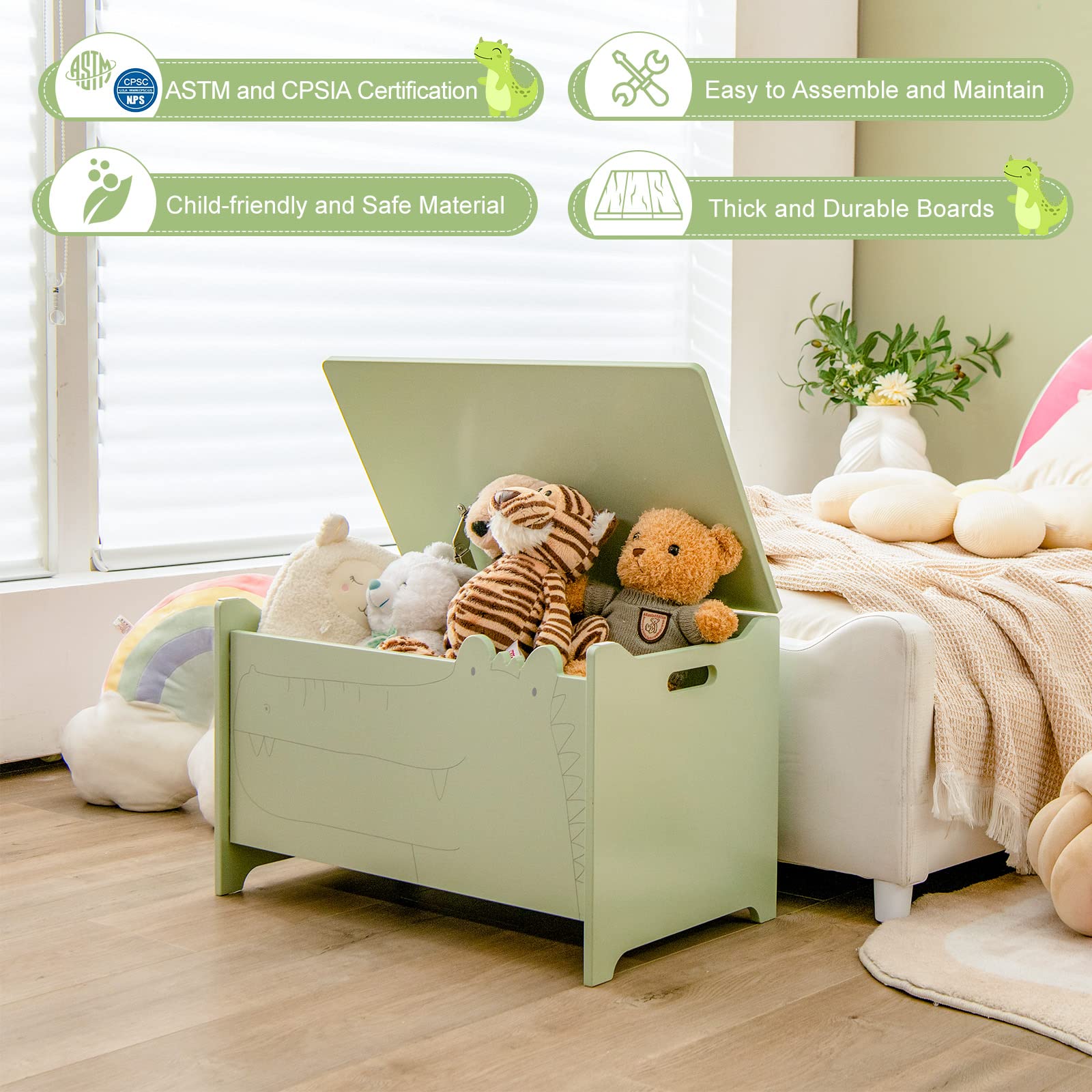HOGEBABY Wooden Toy Box, Kids Large Trunk Chest w/ Safety Hinge & Handles, Flip-Top Storage Organizer - Image 6