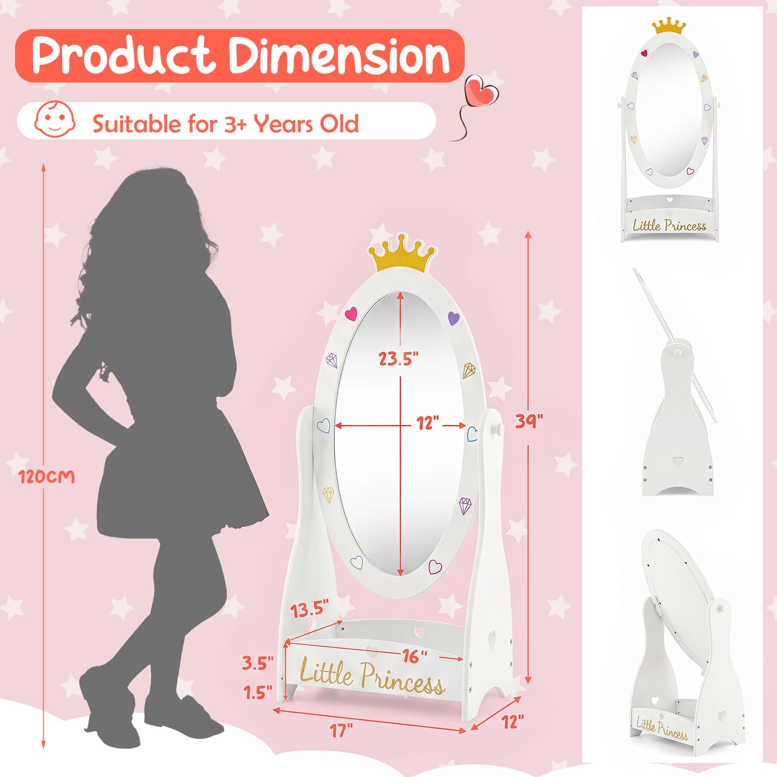 HOGEBABY Kids Full Length Mirror, Princess Floor Free Standing Mirror w/Storage Shelf - Image 3