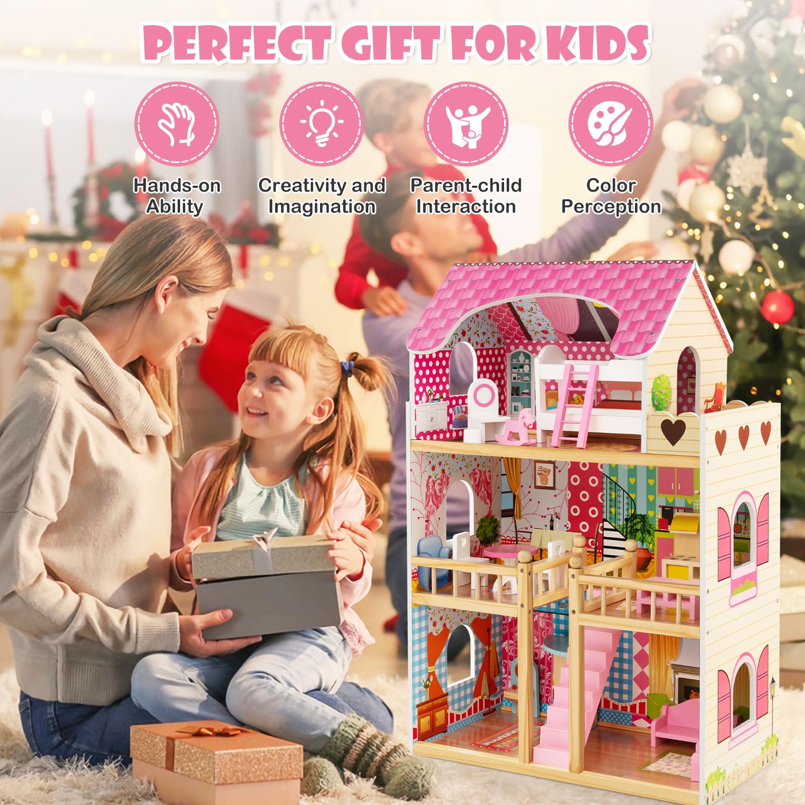 HOGEBABY Dollhouse, Toy Family House with 15 pcs Furniture, DIY Pretend Doll House - Image 3