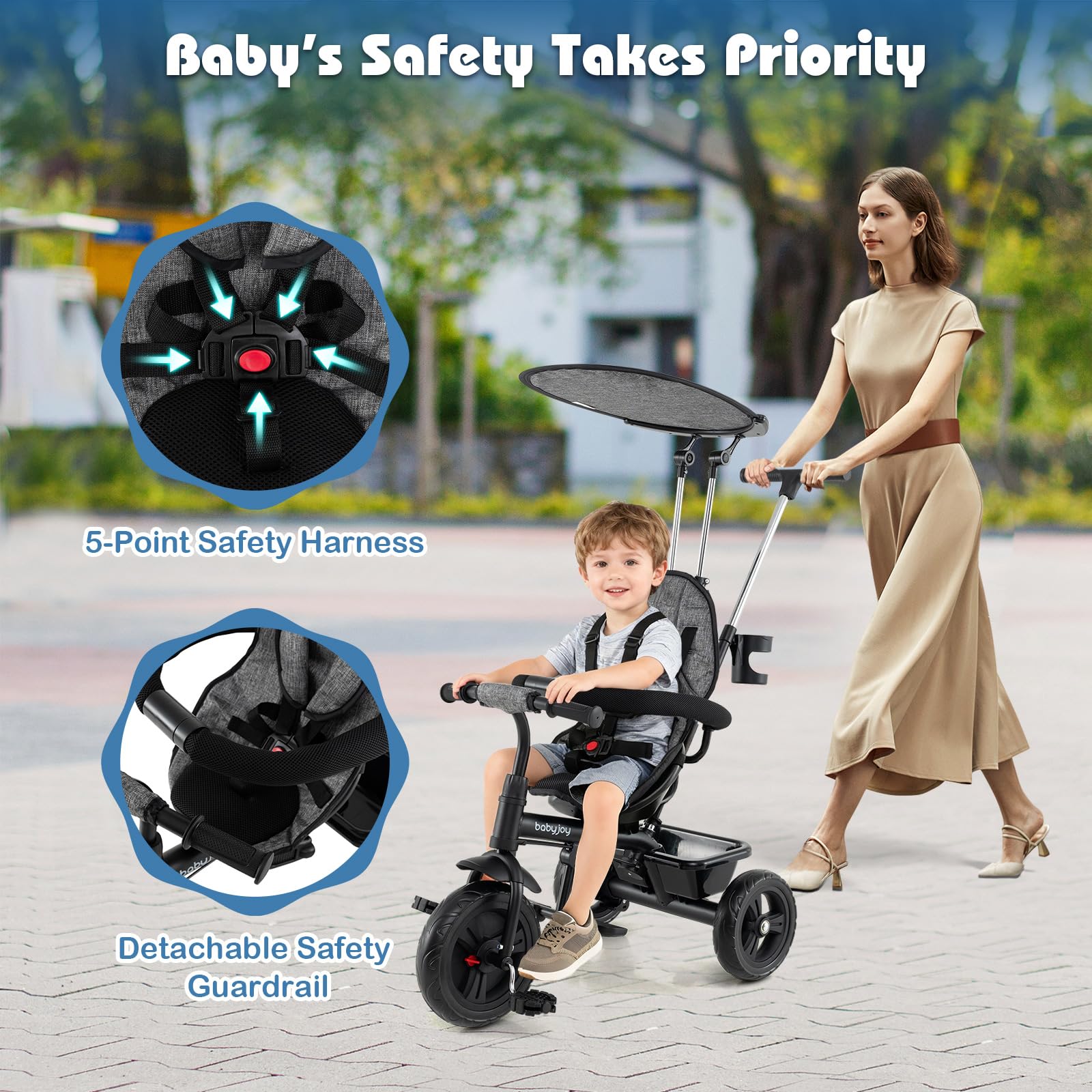 HOGEBABY Toddler Tricycle 7 in 1 Push Trike 5-Point Safety Harness and All-Terrain EVA Wheels - Image 5