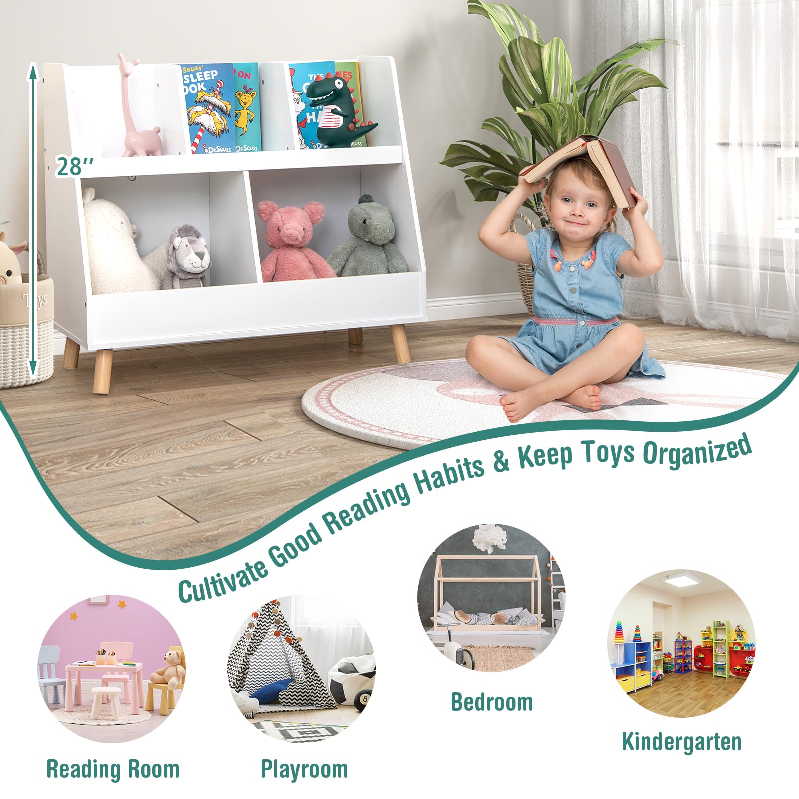 HOGEBABY Toy Organizers and Storage with Bookshelf, 5 Cubbies Wooden Toy Cabinet and Montessori Bookcase w/Solid Legs - Image 7
