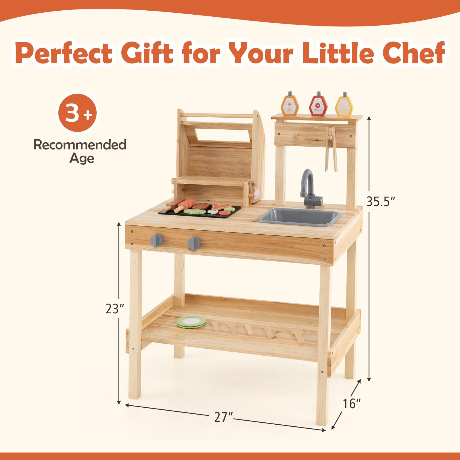 HOGEBABY Kids Grill Playset, Wooden Kids BBQ Grill Playset with Play FoodWith Shelf - Image 6
