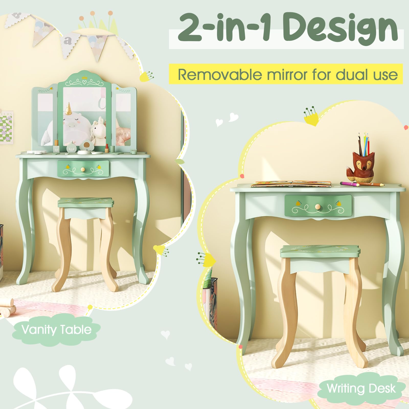 HOGEBABY Kids Vanity Set, 2 in 1 Princess Makeup Dressing Table & Chair Set w/Detachable Tri-fold Mirror - Image 8