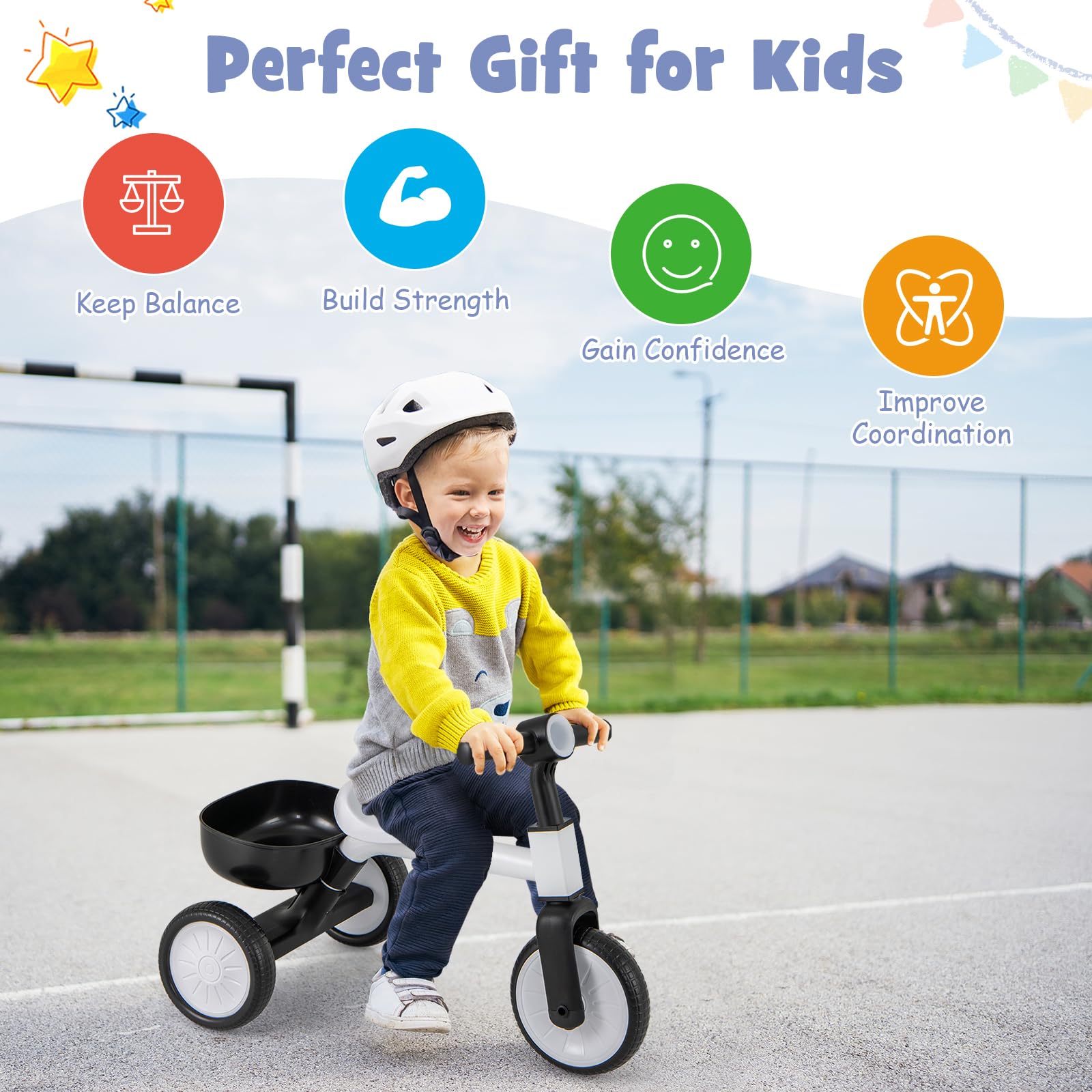 HOGEBABY Toddler Tricycle, 2-in-1 Kids Tricycle Auxiliary Balance Bike with Carbon Steel Frame - Image 6