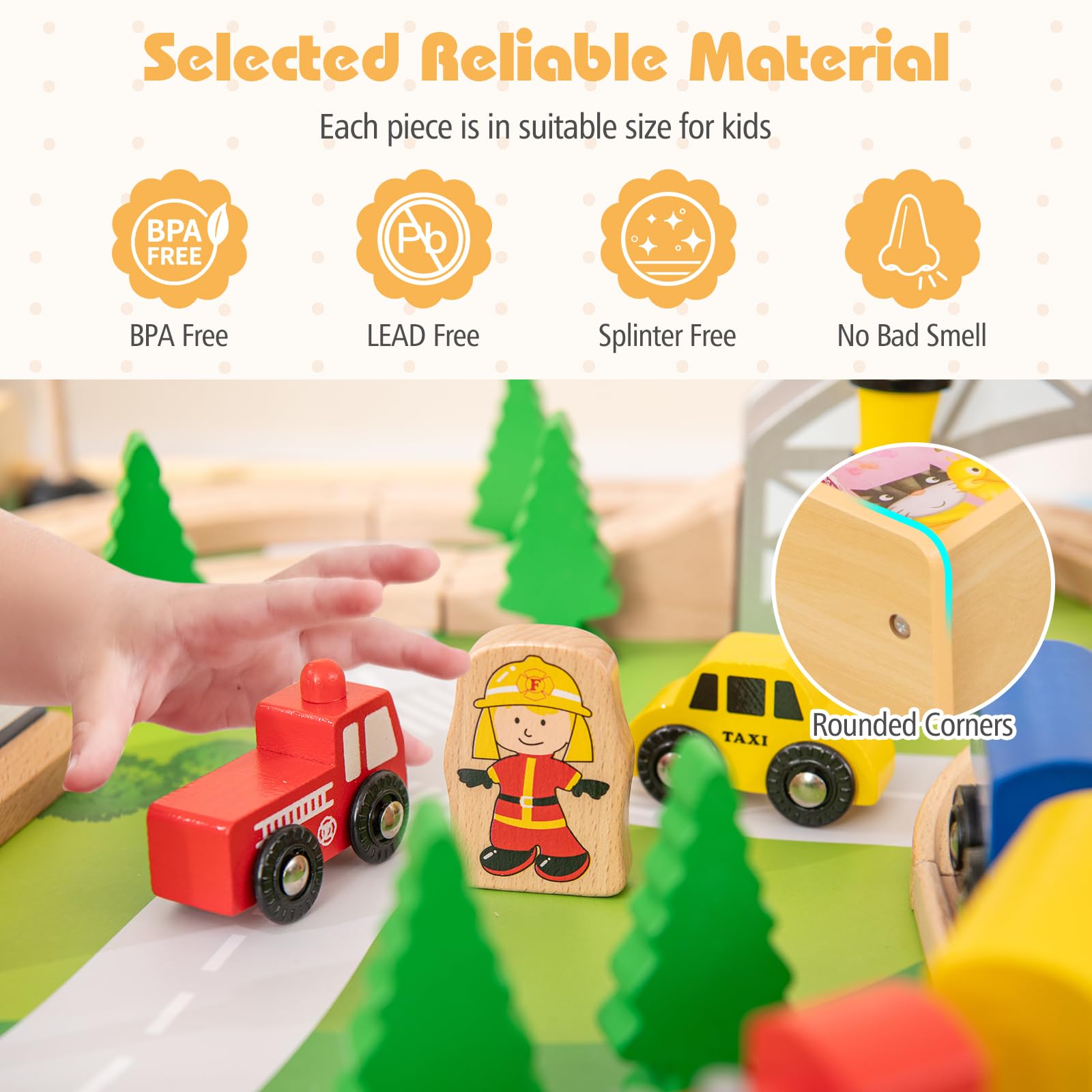 HOGEBABY Train Table 5 in 1 Kids Activity Wooden Set w/ 78 Pieces Railway Playset - Image 7
