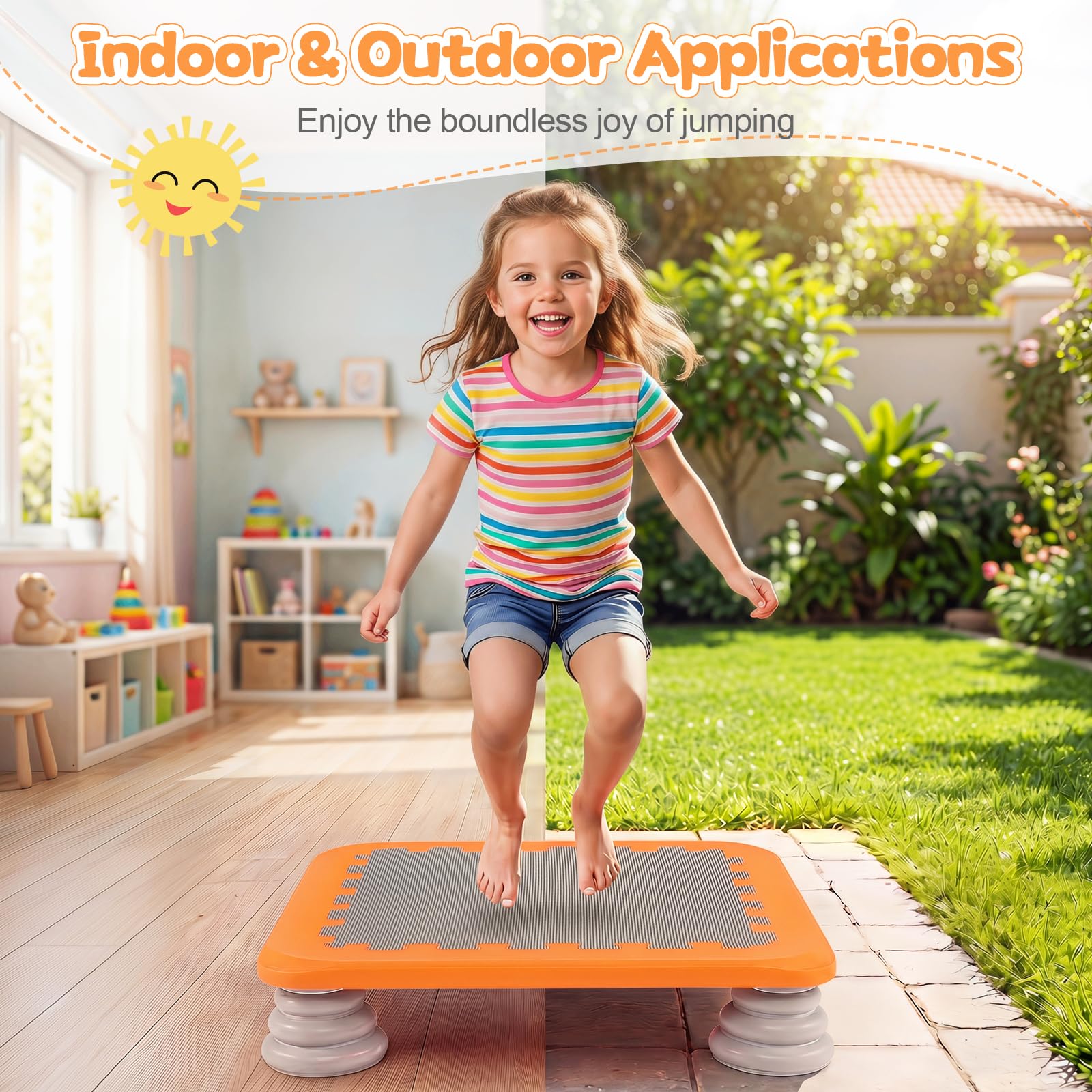 HOGEBABY 25.5" Mini Trampoline for Kids Indoor & Outdoor | Square Bounce Board w/ 4 Non-Slip & Removable Foot Pads for Sensory Integration Training - Image 4