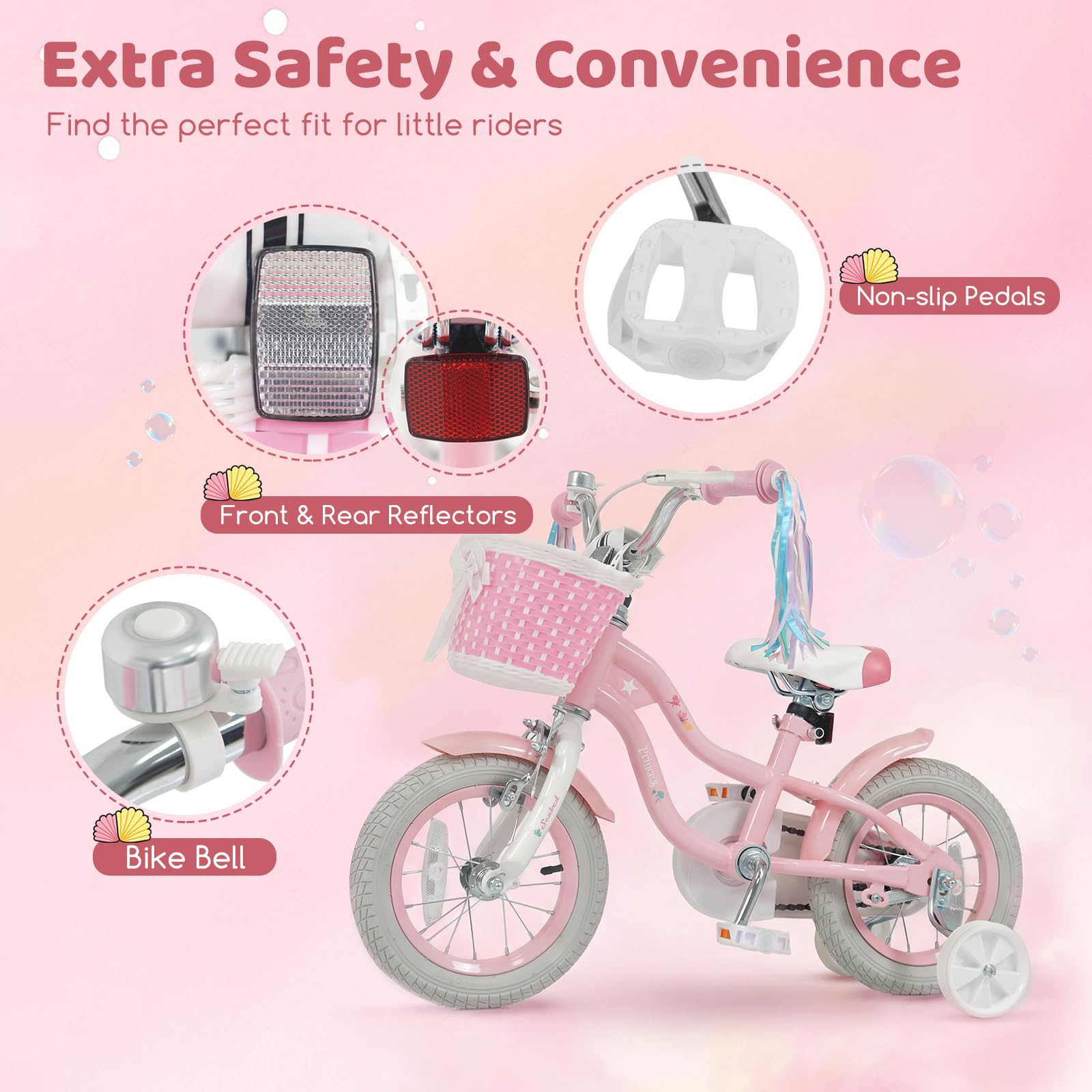 HOGEBABY Kids Bike | 12" 14" 16" 18" Mermaid Girls Bike for 3-8 Years Old w/Basket - Image 6