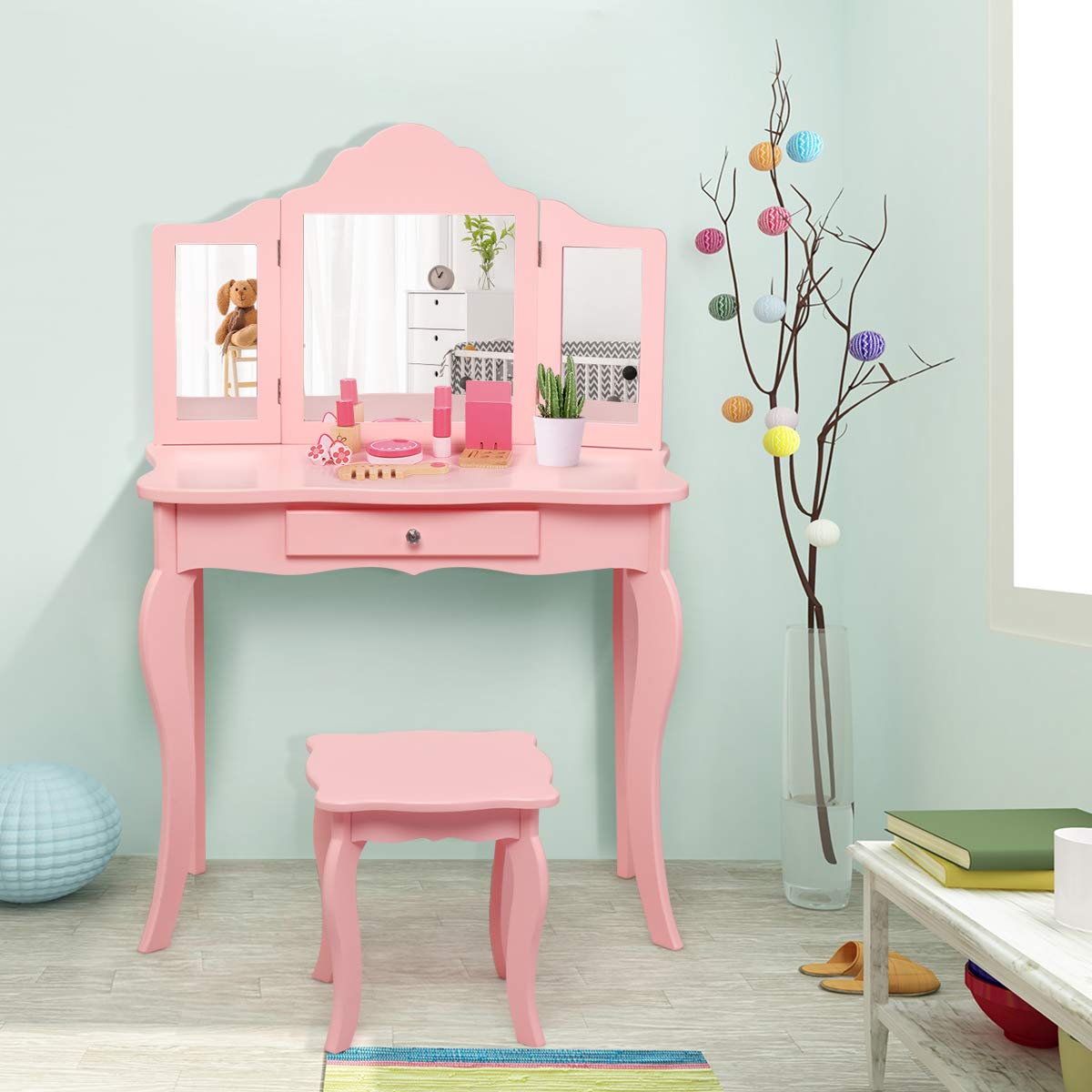HOGEBABY Kids Wooden Vanity Table & Stool Set, 2 in 1 Detachable Design with Dressing Table and Writing Desk (Pink) - Image 6