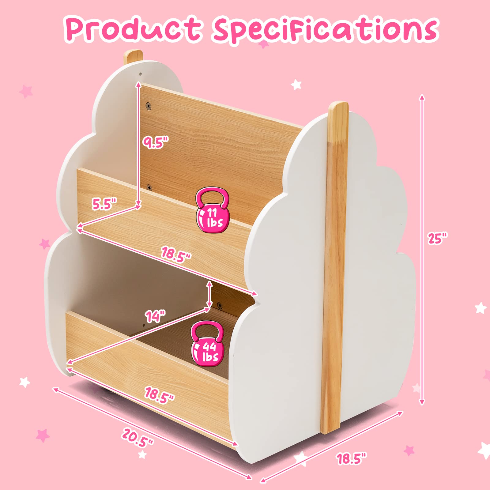 HOGEBABY Kids Wooden Bookshelf w/ Universal Wheels, Toddler Bookcase Toy Organizer for Playing Room - Image 6