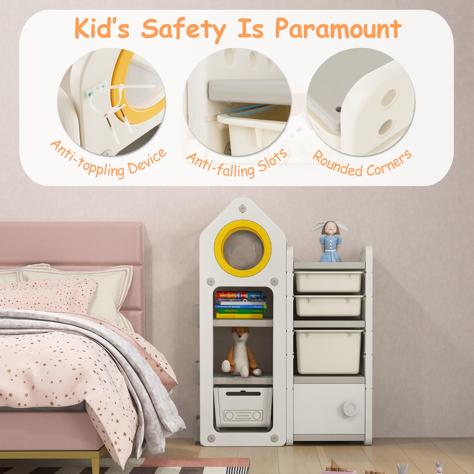 HOGEBABY Kids Toy Storage Organizer and Bookshelf, Multipurpose Shelf with Mobile Truck, Storage Bins & Cabinet - Image 7