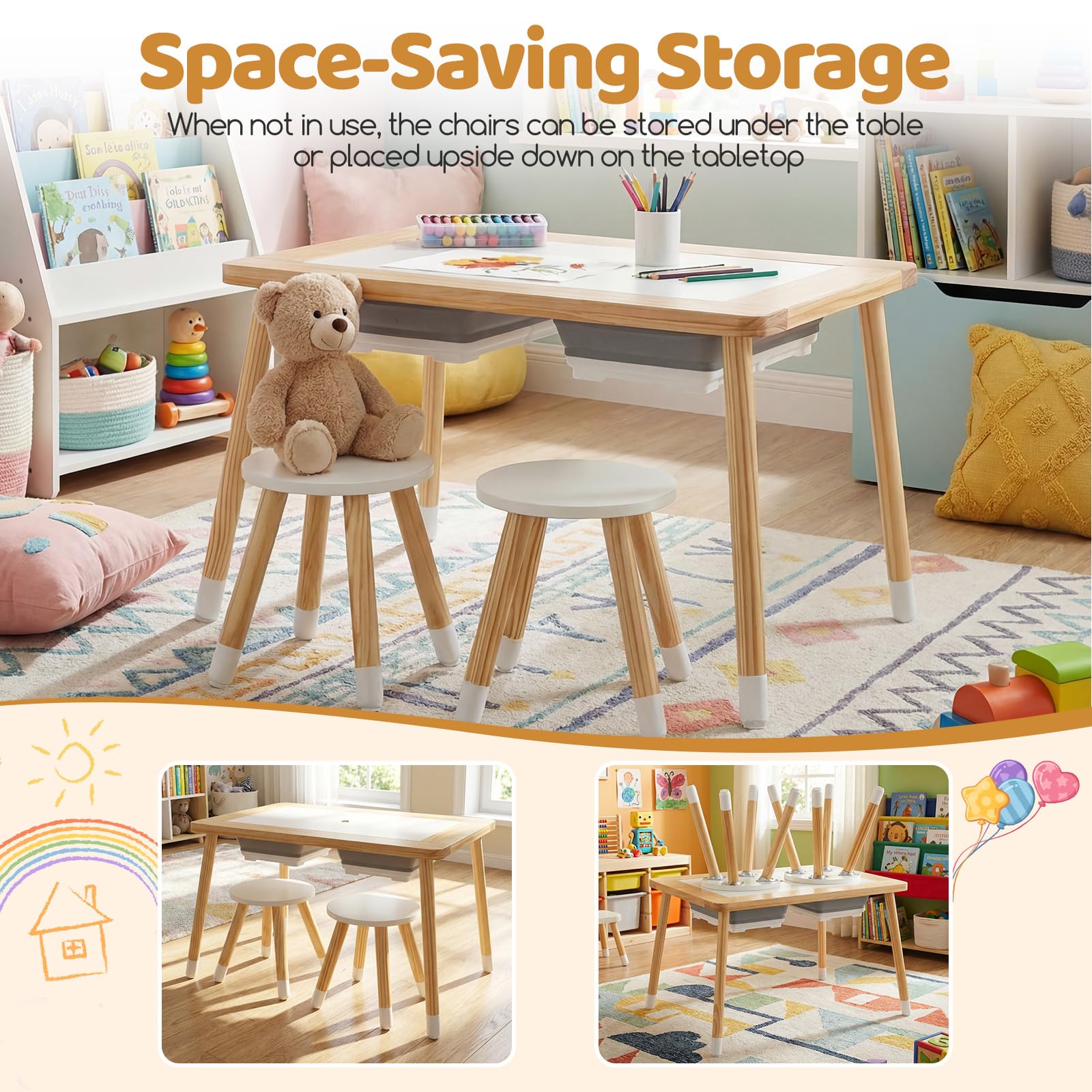 HOGEBABY Sensory Table and Chairs Wooden Kids Activity Table Set - Image 6