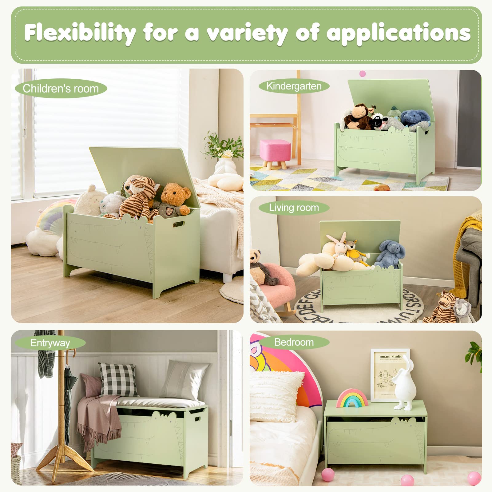 HOGEBABY Wooden Toy Box, Kids Large Trunk Chest w/ Safety Hinge & Handles, Flip-Top Storage Organizer - Image 7