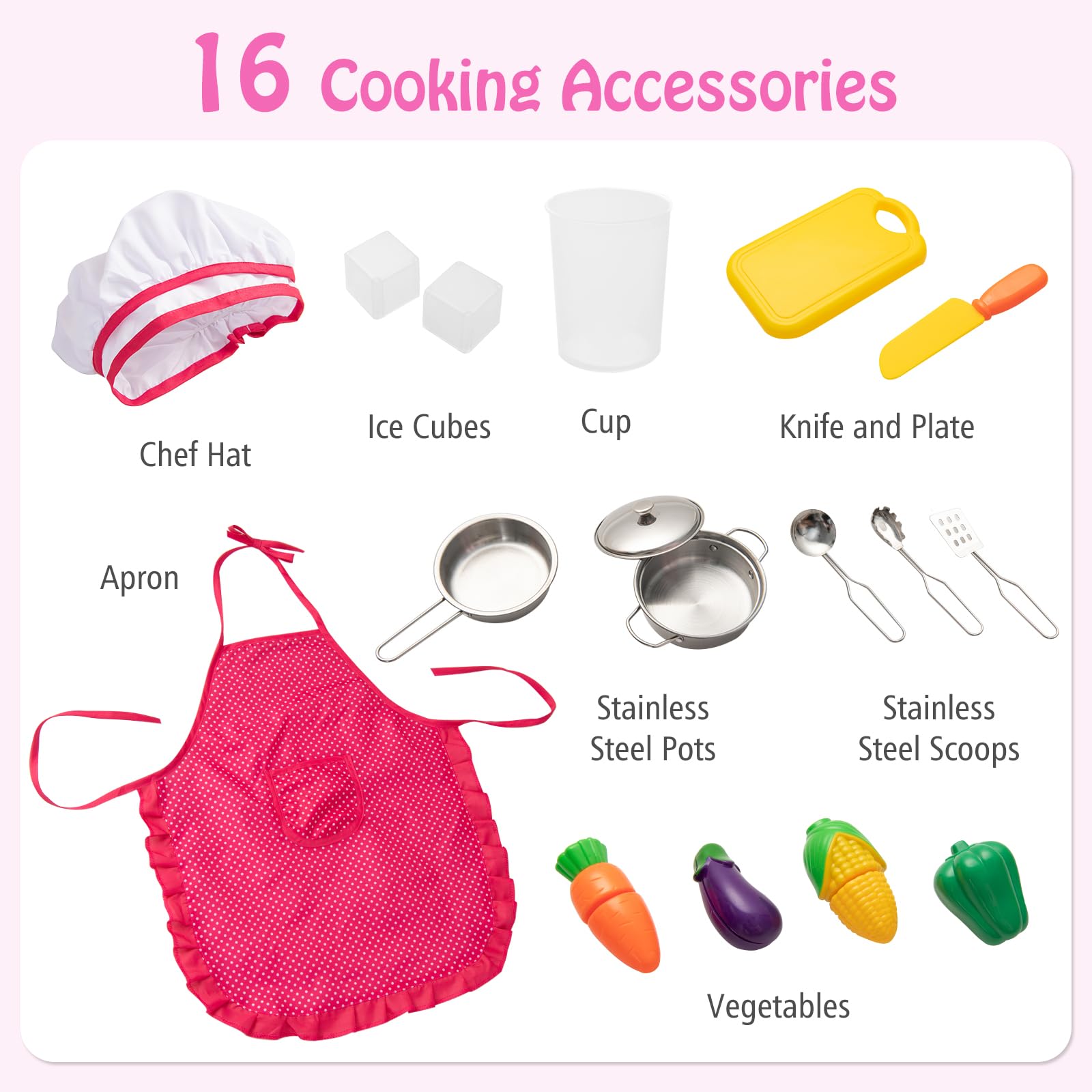 HOGEBABY Kids Pretend Play Kitchen, Wooden Kitchen Toy Set w/Range Hood, Stove, Microwave - Image 6