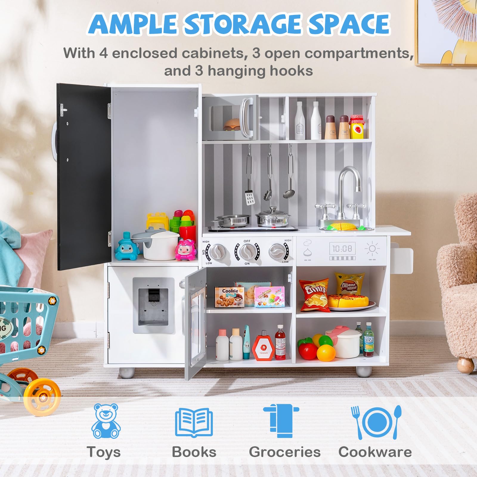 HOGEBABY Play Kitchen for Kids Wooden Toy Kitchen Set with Stoves - Image 7