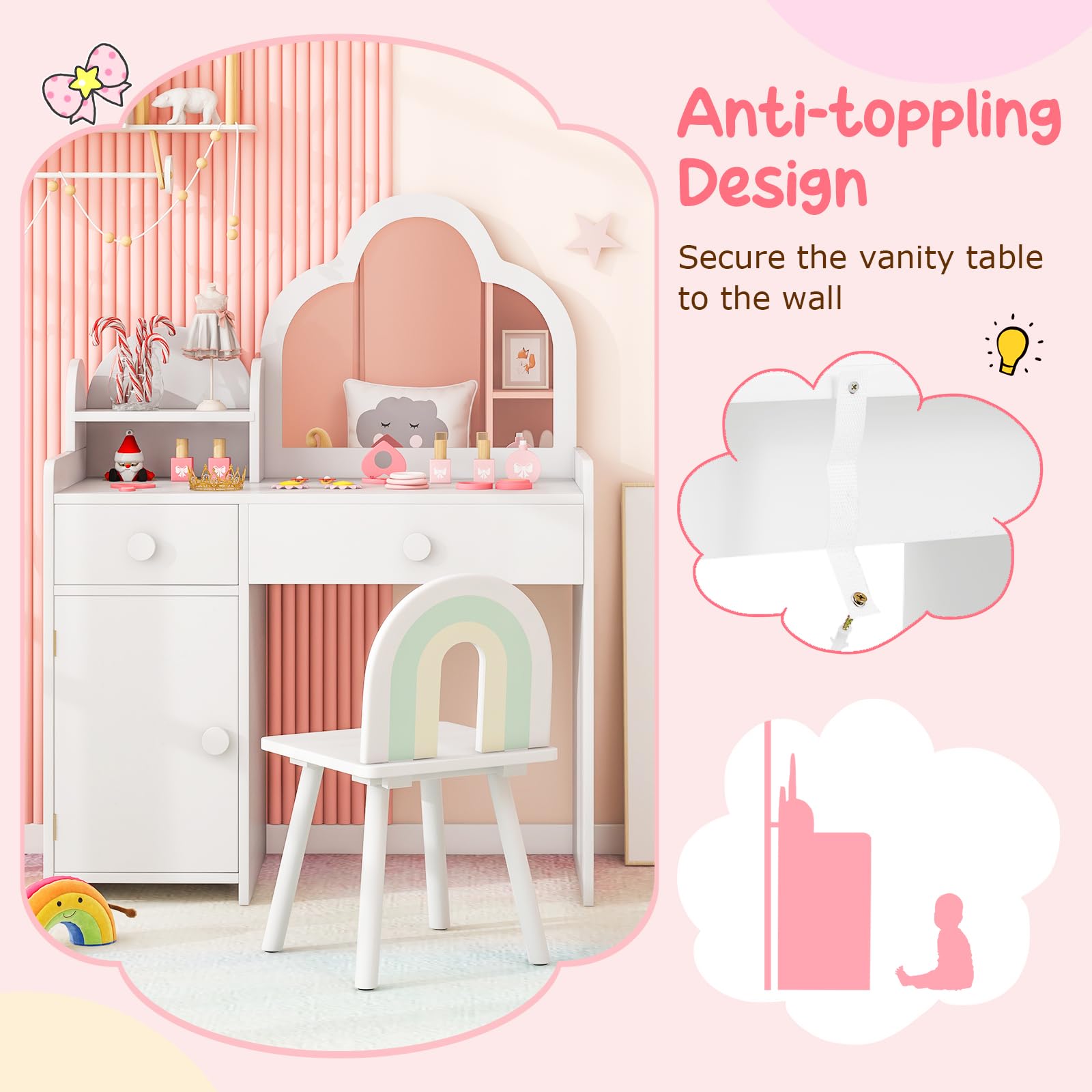 HOGEBABY Kids Vanity, 2 in 1 Girls Vanity Set with Mirror - Image 6