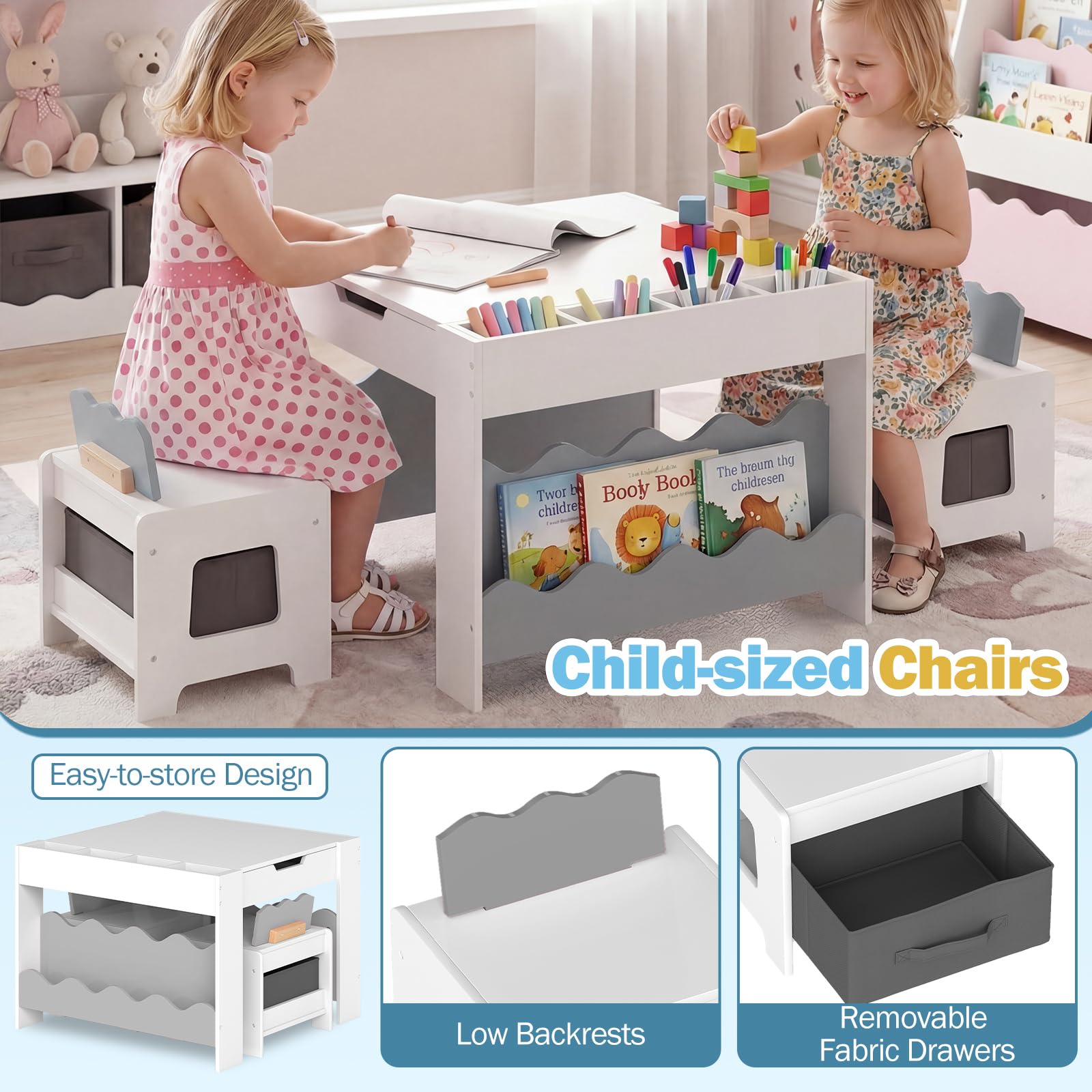 HOGEBABY Kids Table and Chairs | Wooden 4-in-1 Activity Desk Set w/Double-Sided Tabletop - Image 8