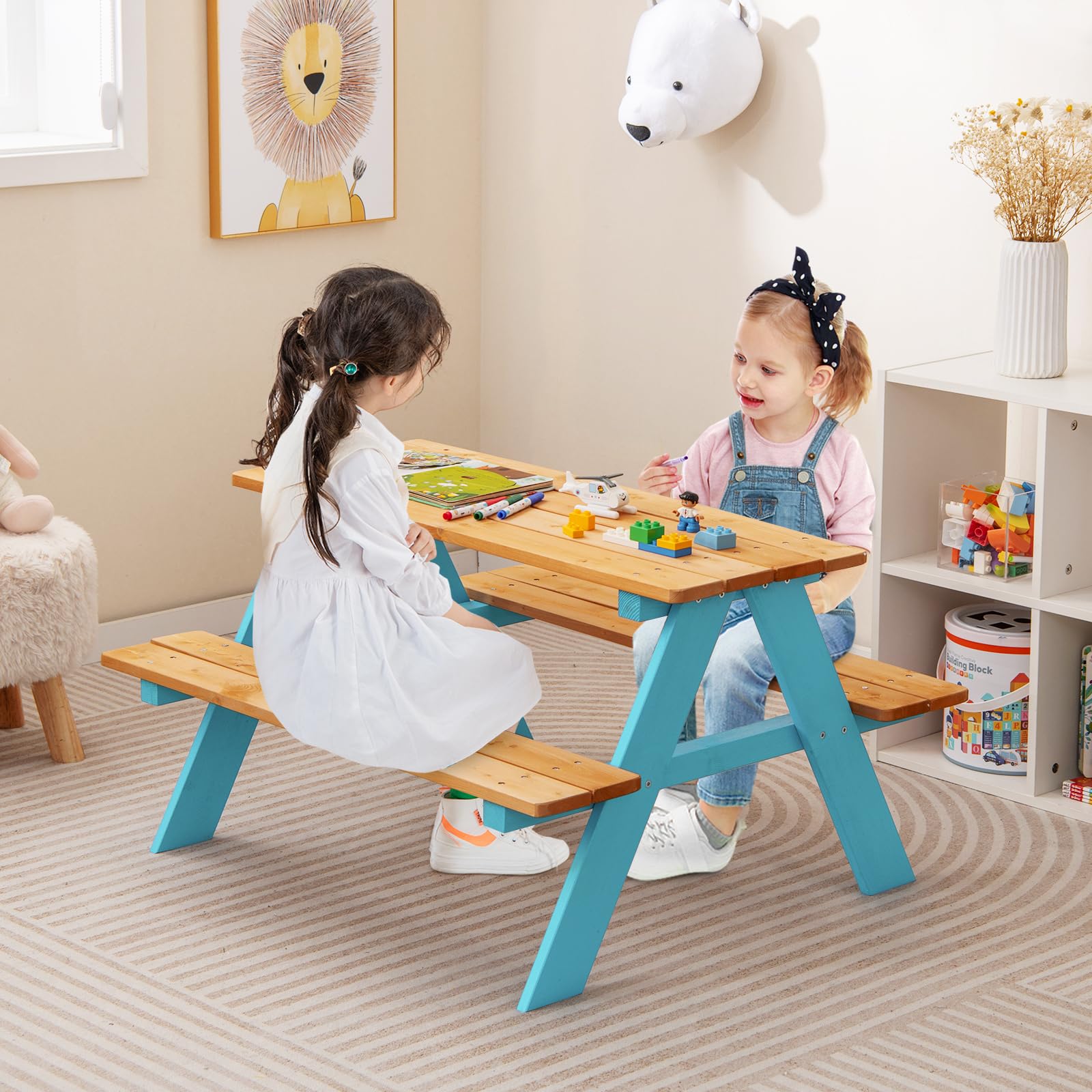 HOGEBABY Kids Picnic Table, Fir Wood Childrens Activity Table with Benches, Toddler Patio Furniture Set - Image 2