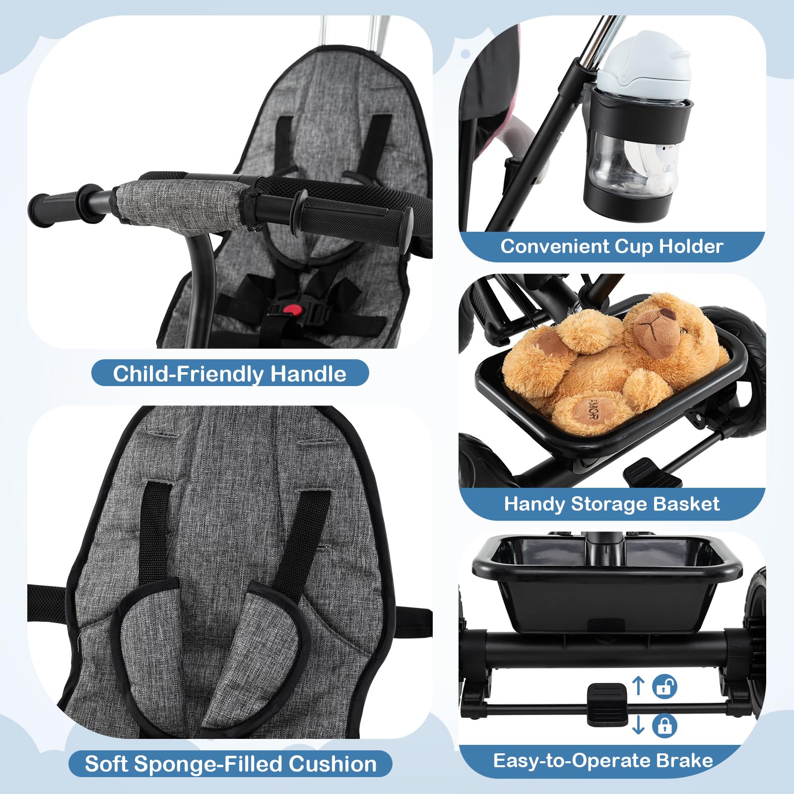 HOGEBABY Toddler Tricycle 7 in 1 Push Trike 5-Point Safety Harness and All-Terrain EVA Wheels - Image 6