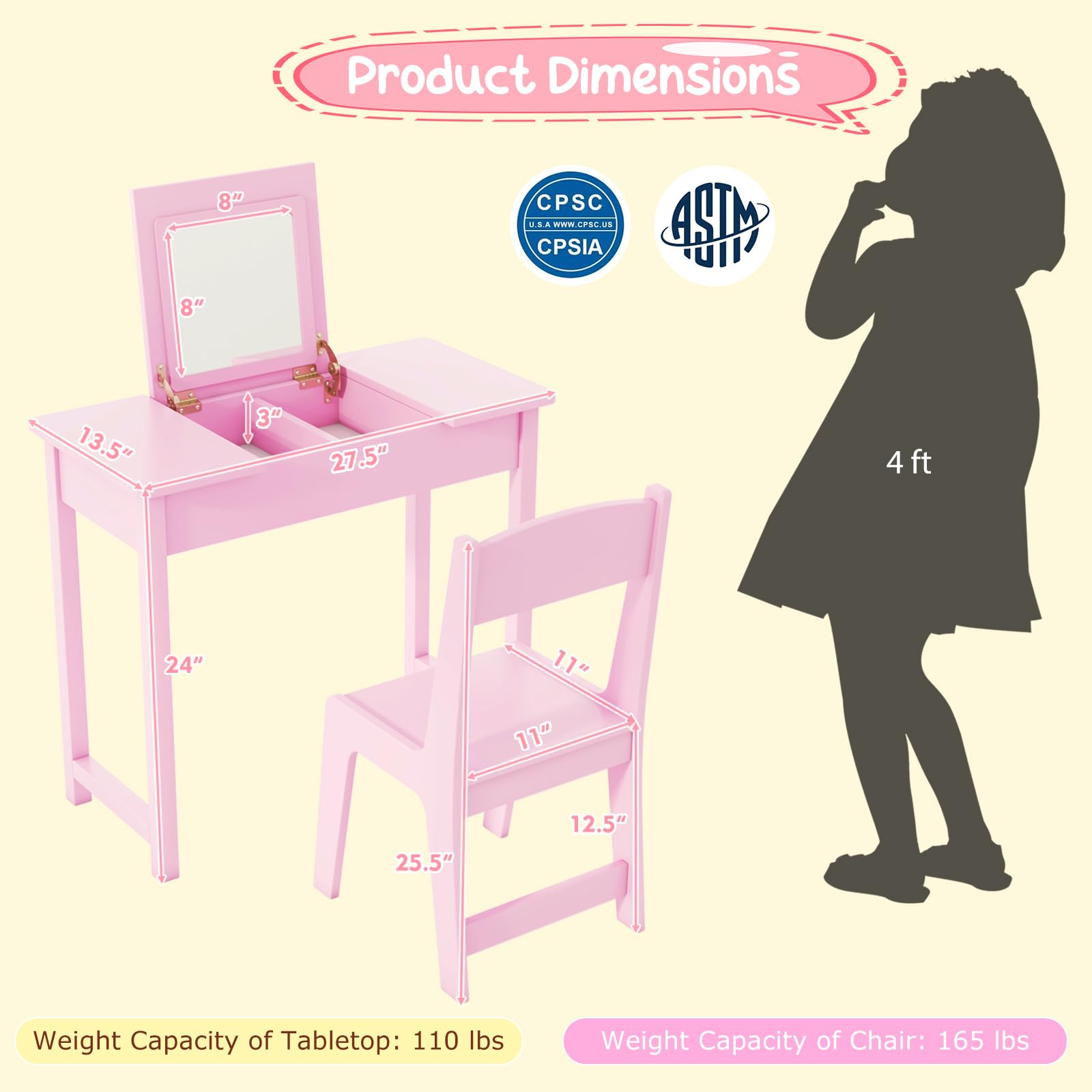 HOGEBABY Kids Vanity, 2 in 1 Girls Vanity Set with Flip Top Mirror, Hidden Storage Space - Image 6
