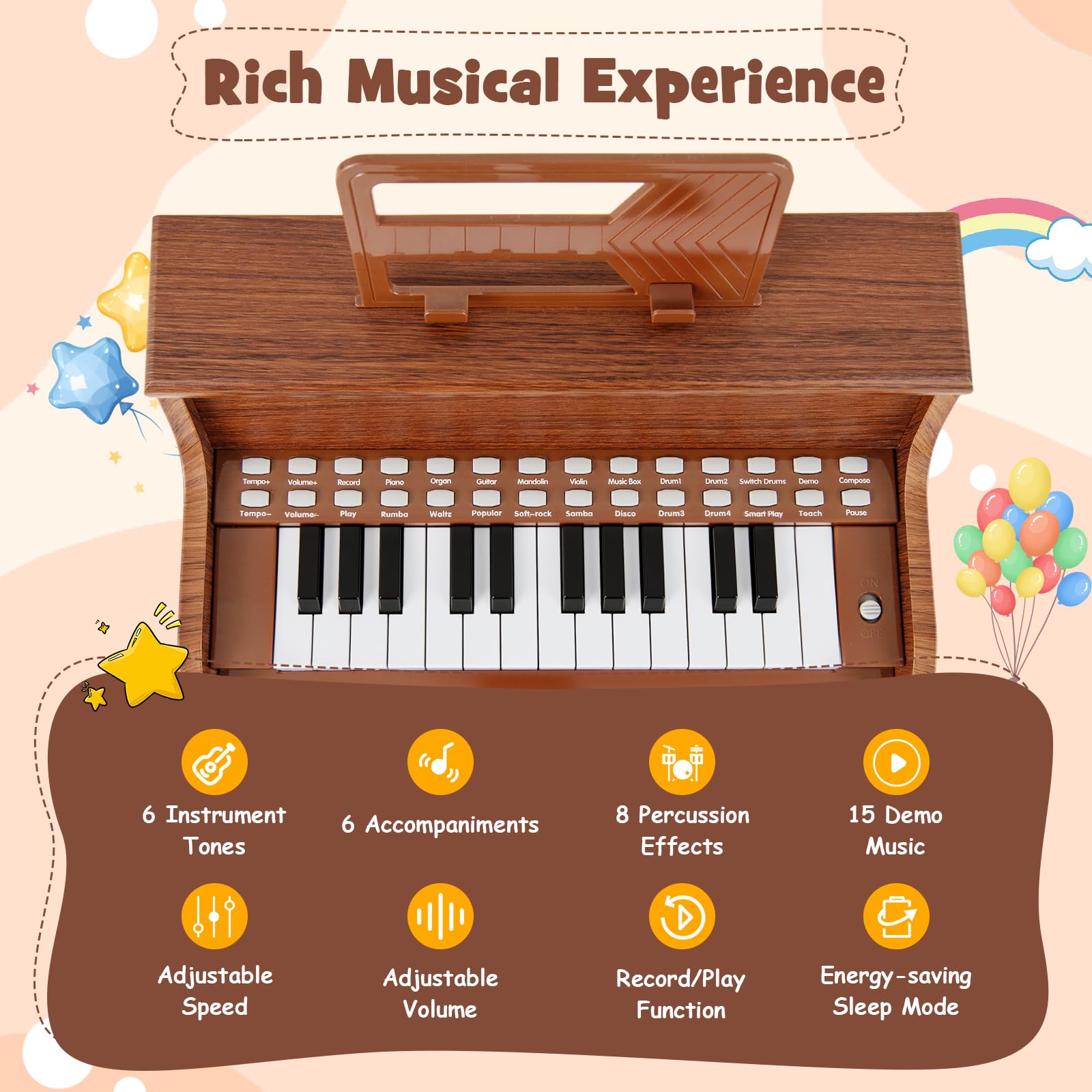 HOGEBABY 25 Keys Kids Piano Keyboard w/ Adjustable Speed & Volume - Image 6