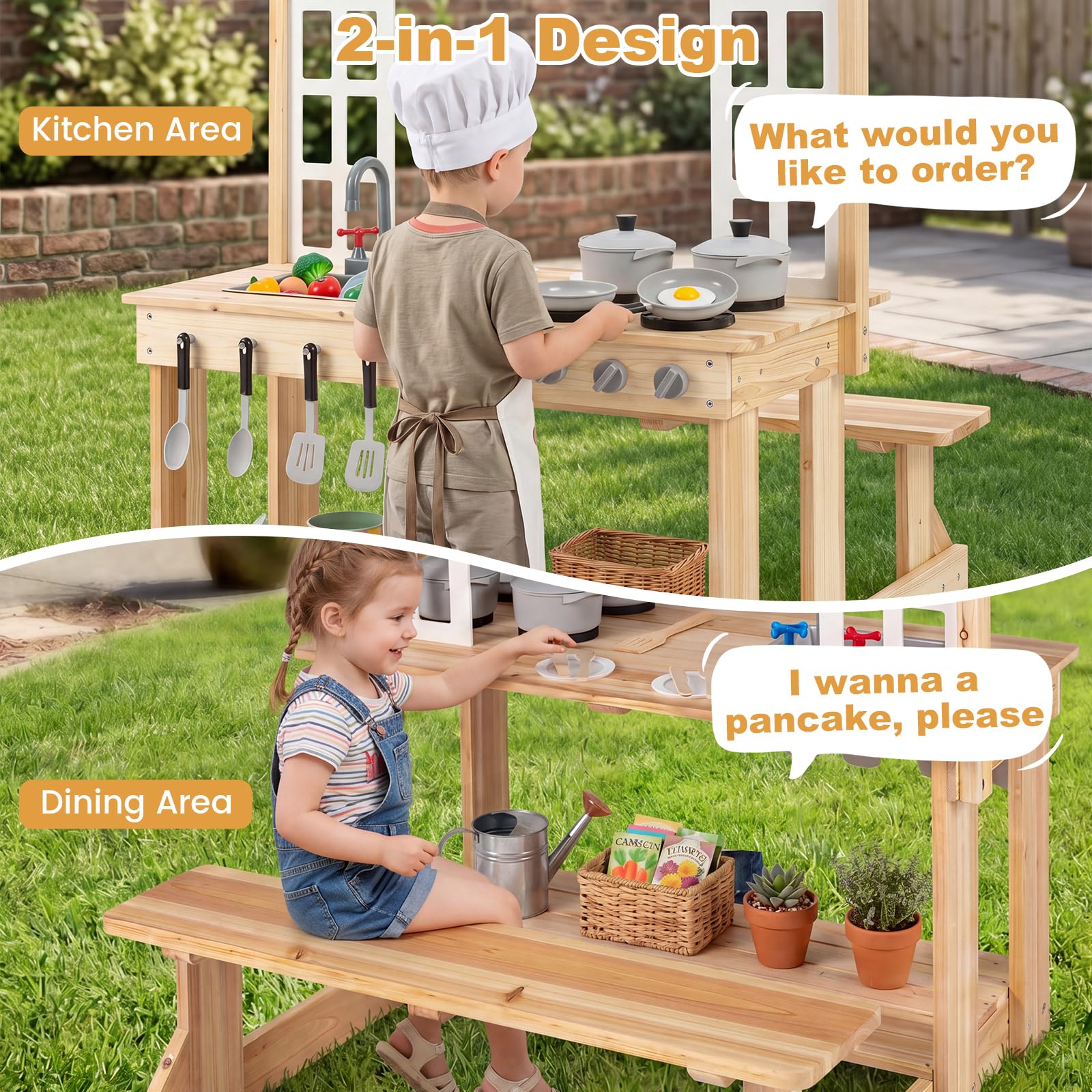 HOGEBABY Outdoor Wooden Kids Kitchen Playset w/Bench - Image 6