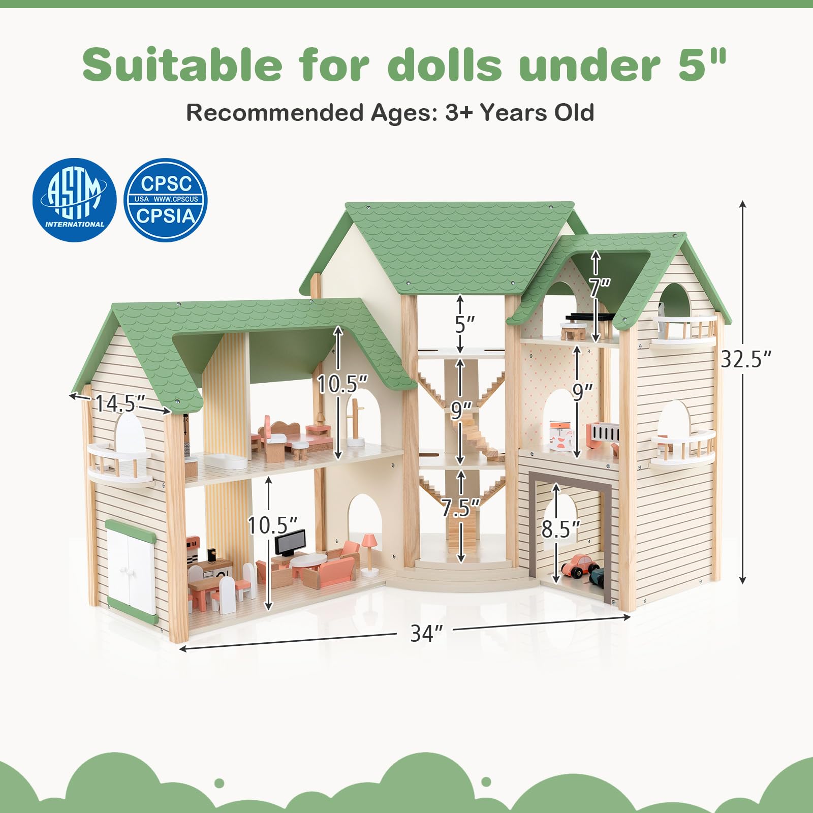 HOGEBABY Wooden Dollhouse for Kids, 3-Story Luxury Doll House with 36 Pieces Furniture Accessories - Image 7