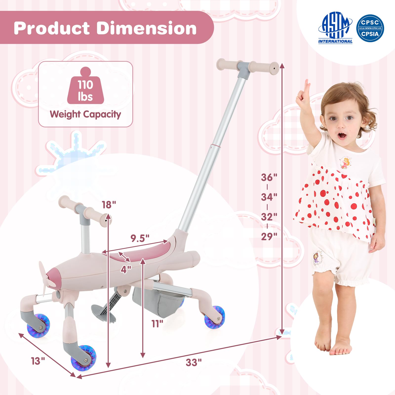 HOGEBABY Push Car for Toddlers, 2 in 1 Stroller Sliding Walking Car with LED Flashing Wheels, Removable & Adjustable Push Handle - Image 6