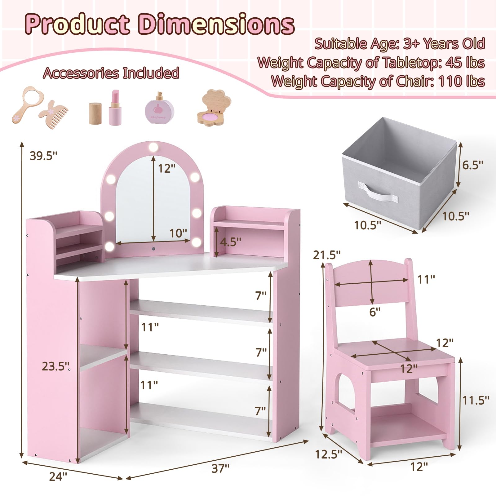 HOGEBABYKids Vanity Table and Chair Set with Lights - Image 6