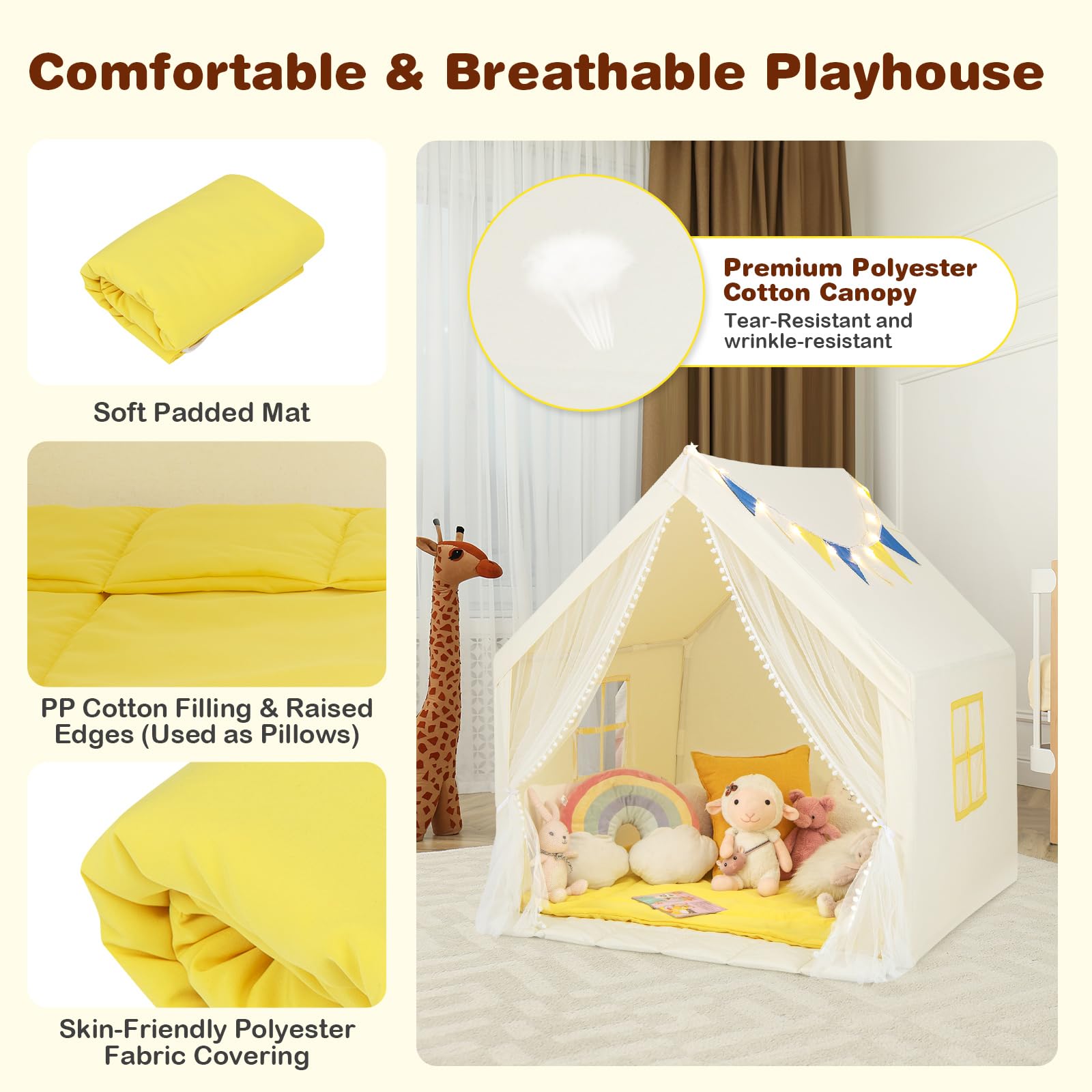 HOGEBABY Kids Tent, Toddler Indoor Outdoor Playhouse w/Windows, Washable Cotton Mat - Image 6