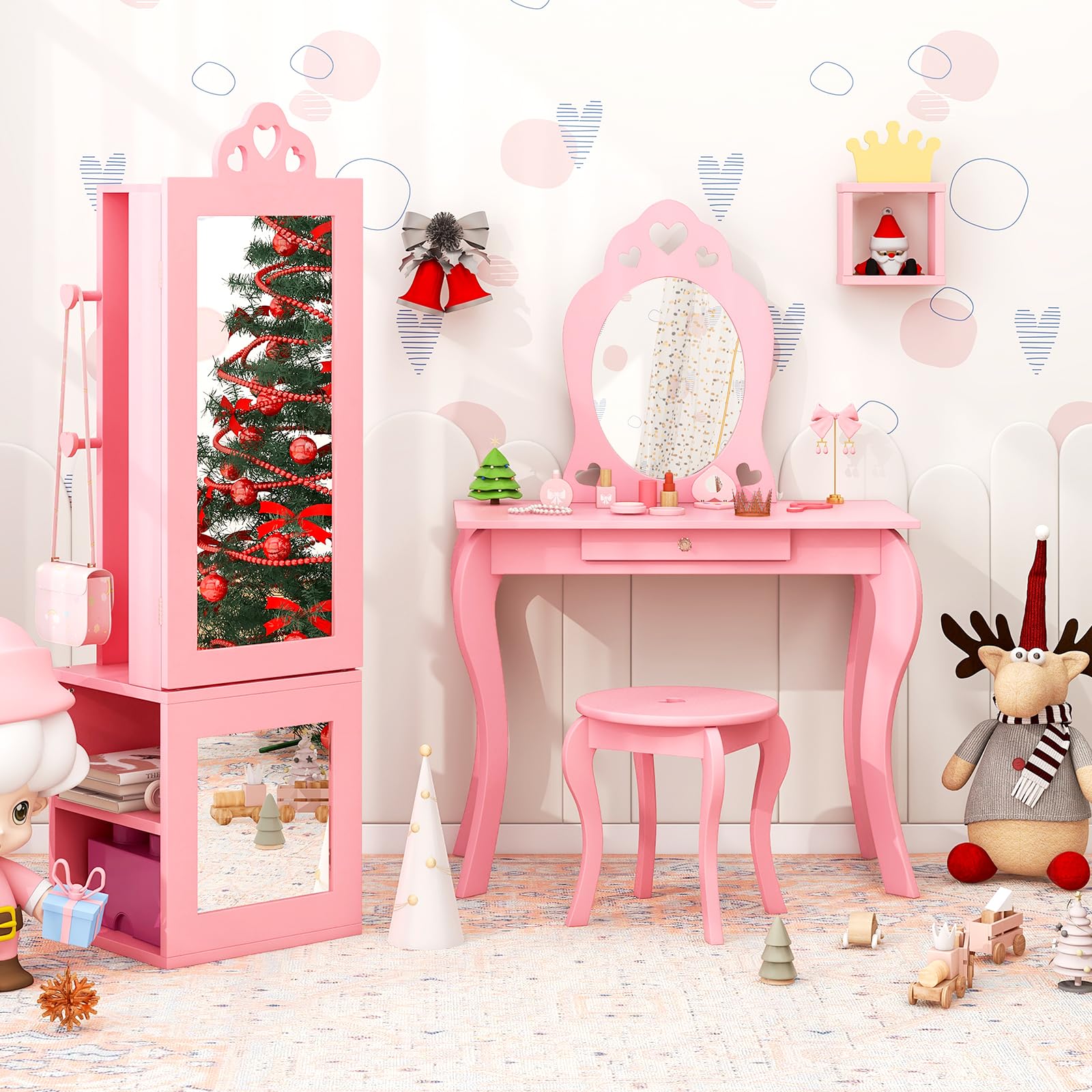 HOGEBABY Kids Vanity & Jewelry Armoire Cabinet, Wooden Kids Vanity Table and Chair Set - Image 6