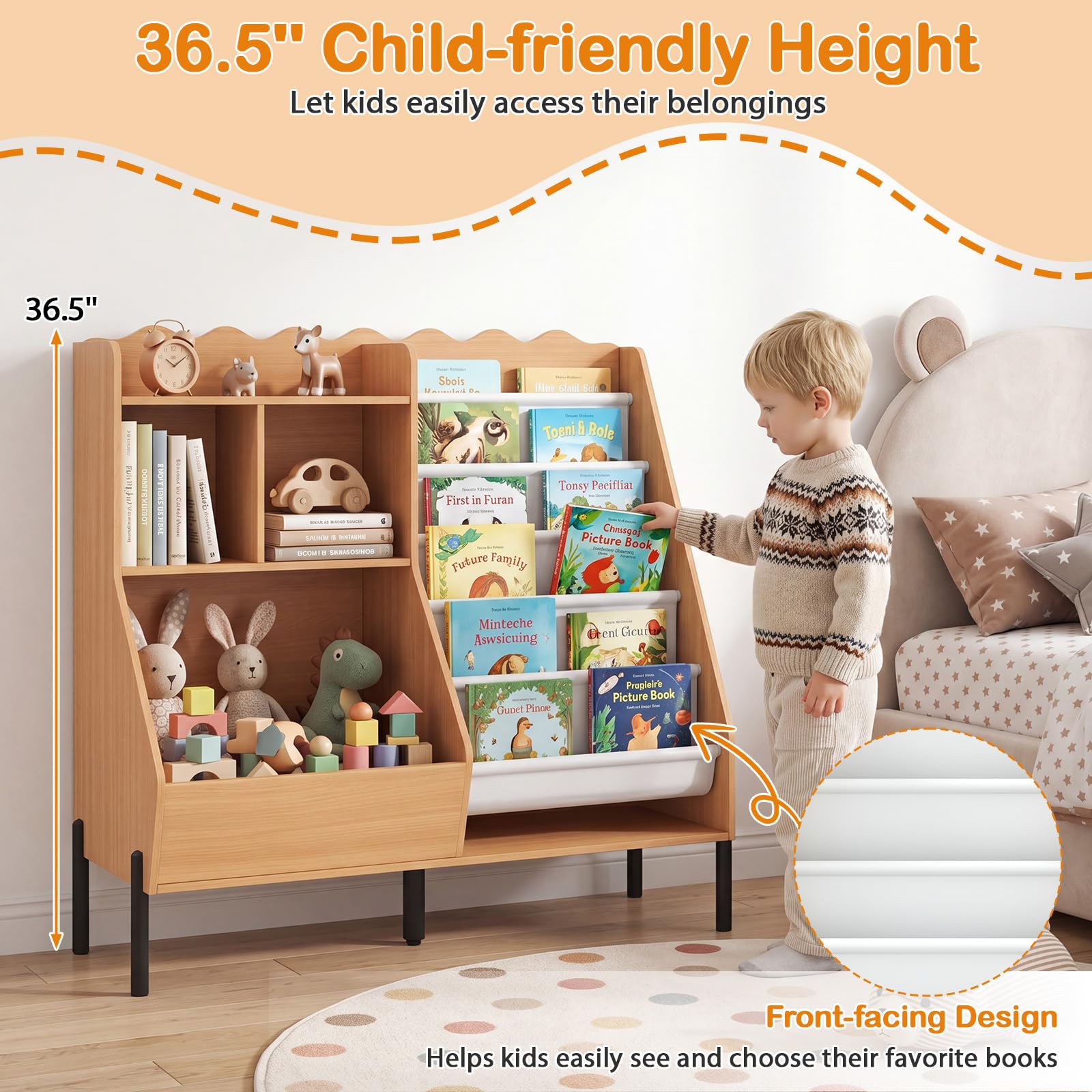 HOGEBABY 2 in 1 Wooden Kids Bookshelf | Montessori Toddler Book Shelf for Kids' Room - Image 6