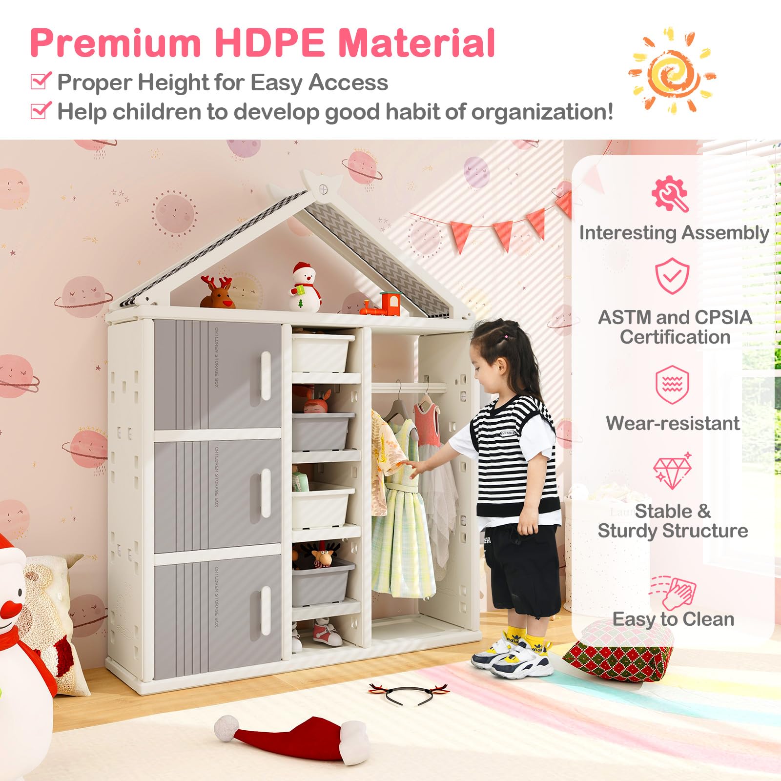 HOGEBABY Kids Costume Storage Closet, Children Pretend Dresser Wardrobe - Image 7