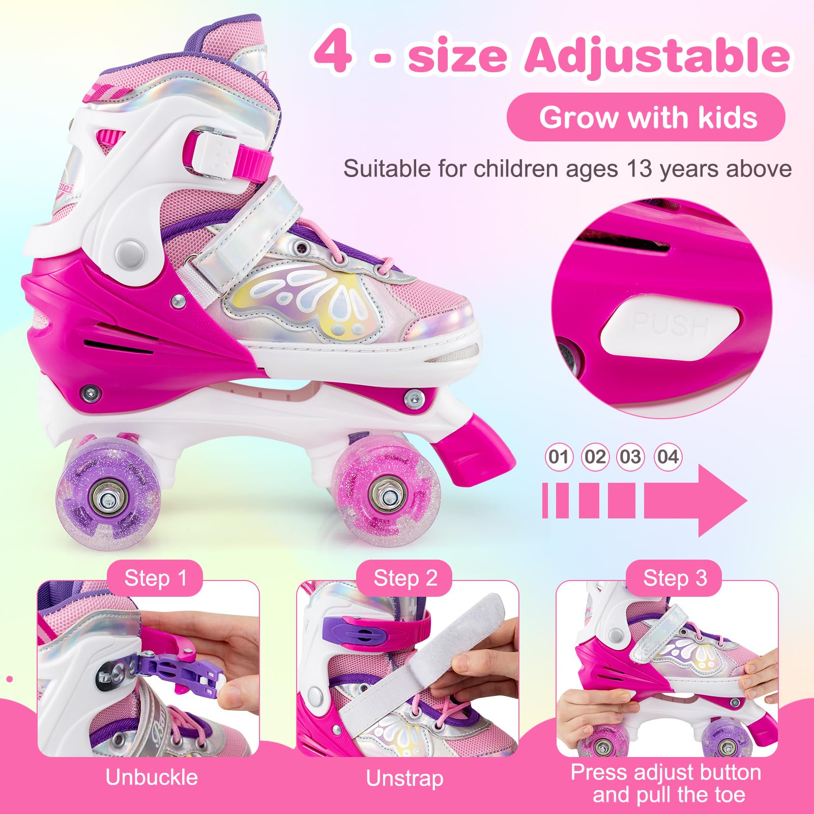 HOGEBABY Butterfly Roller Skates for Girls Teens Adults 5-8 8-13 13+ with Light-up Wheels & Safety Protection - Image 12