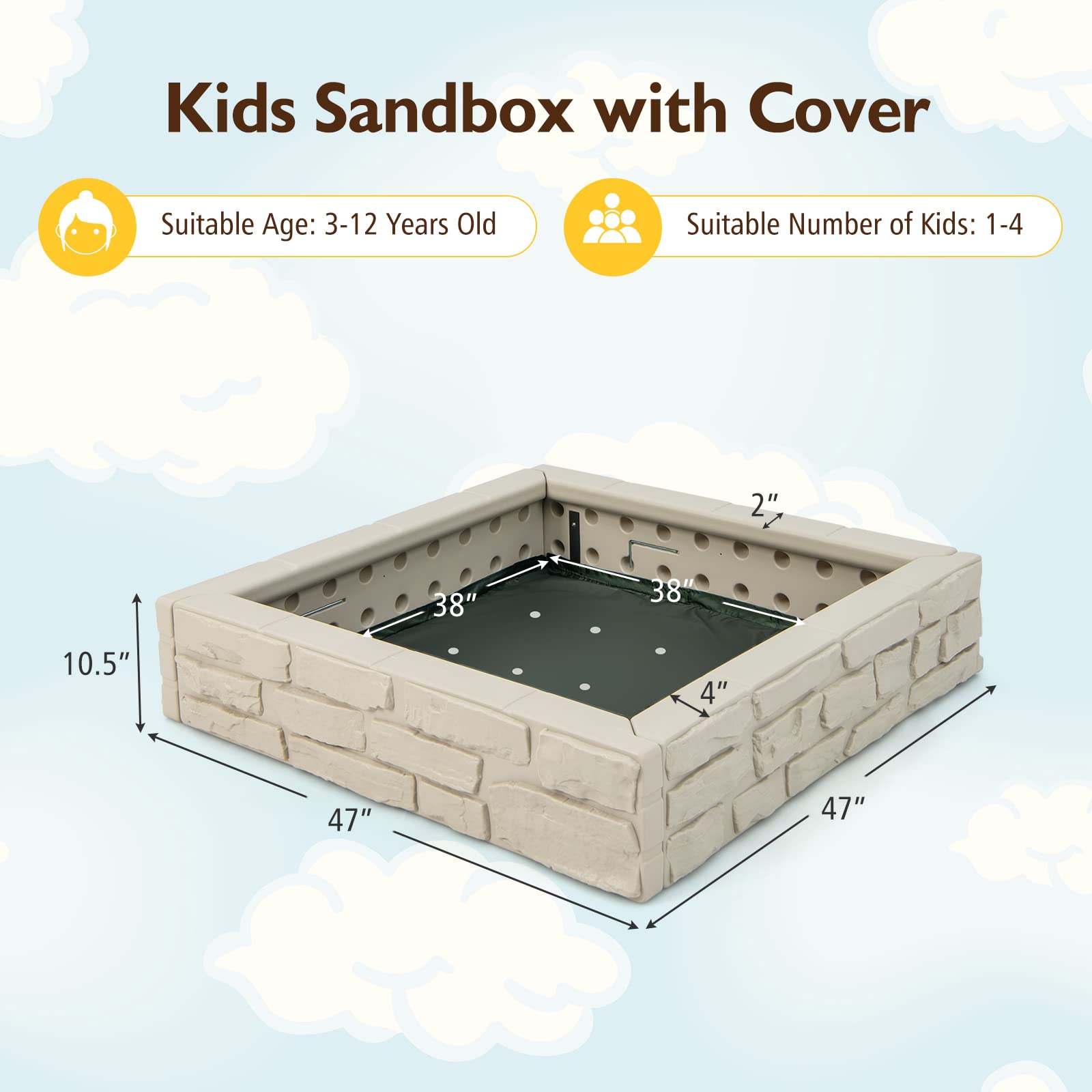 HOGEBABY Kids Sandbox with Cover, 47"x 47" HDPE Sandpit with Oxford Cover, Bottom Liner - Image 12