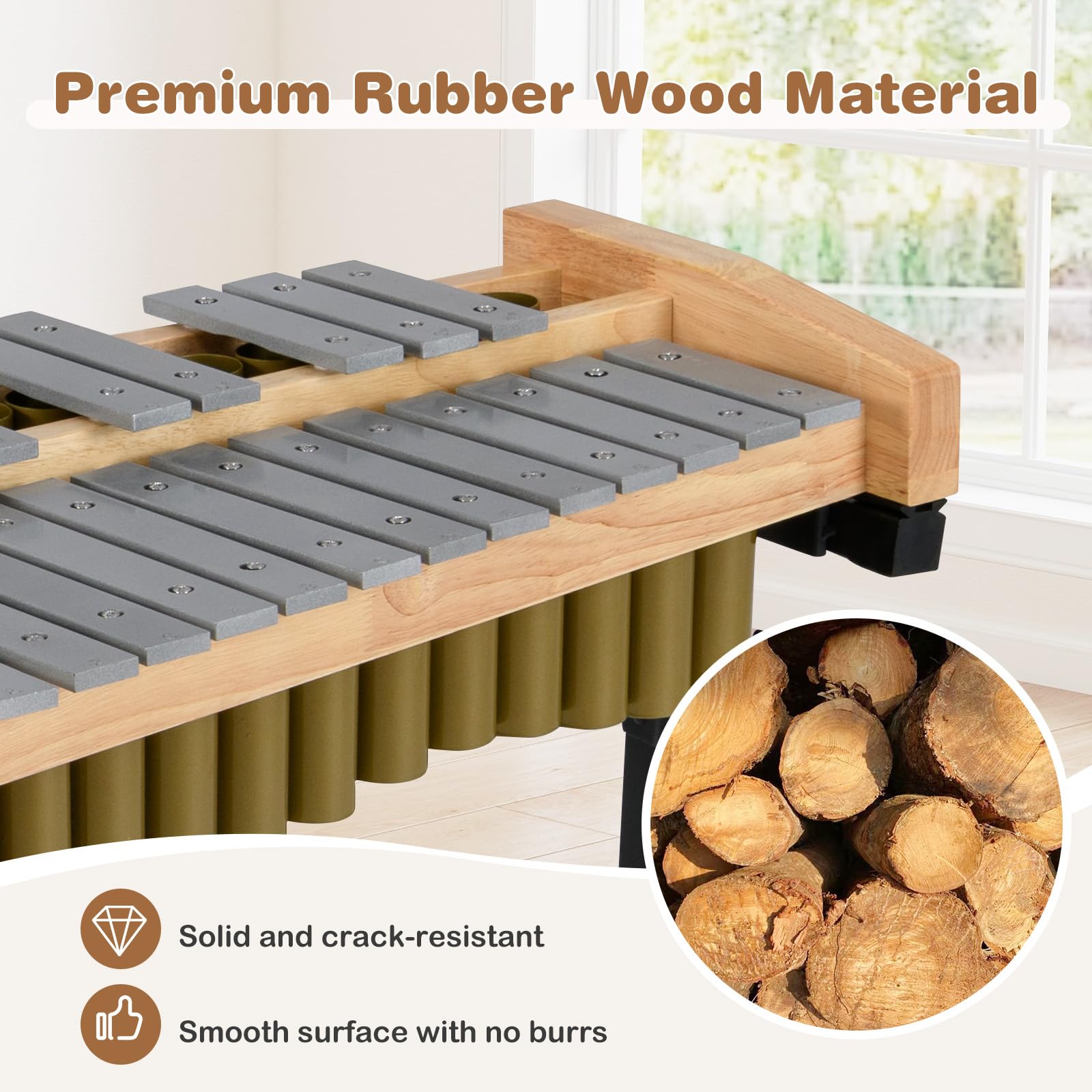 HOGEBABY 32 Note Marimba Rubber Wood Base & Resonance Tubes Adjustable Stand & Lockable Wheels - Image 7