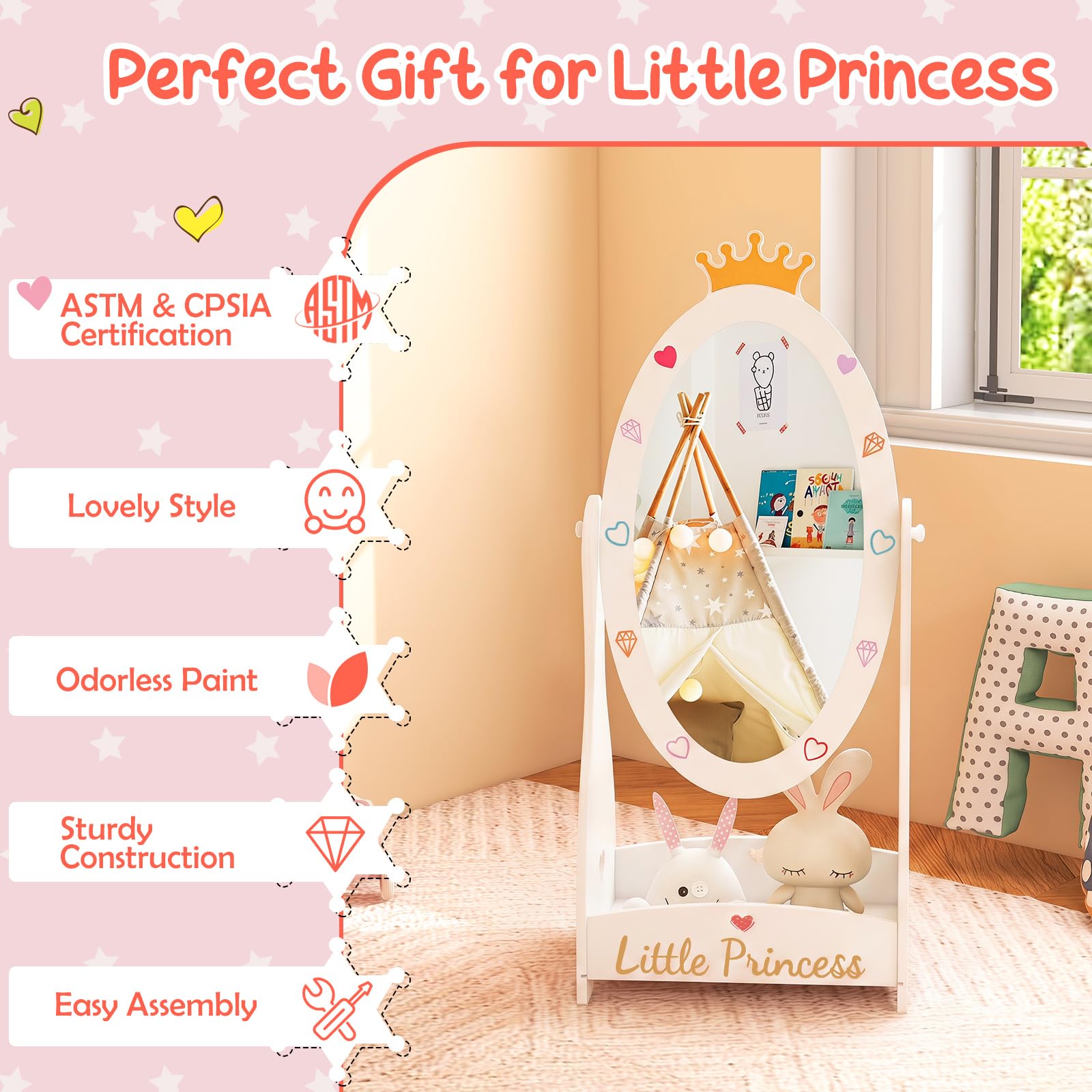 HOGEBABY Kids Full Length Mirror, Princess Floor Free Standing Mirror w/Storage Shelf - Image 7