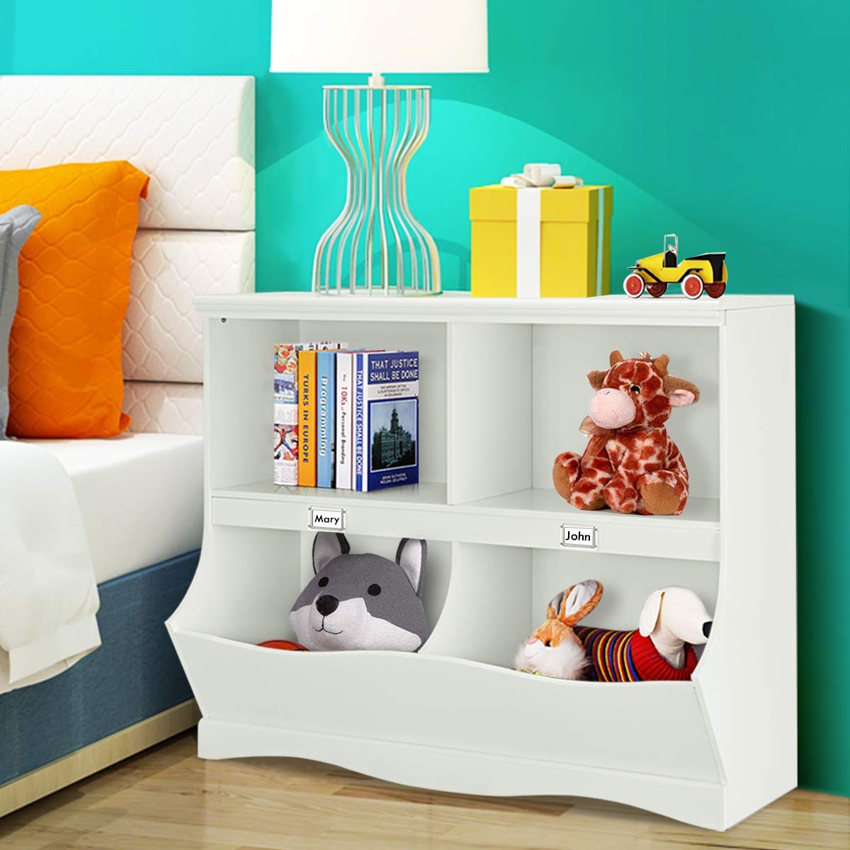 HOGEBABY 4-Cubby Kids Bookcase with Footboard, Multi-Bin Children's Organizer Shelf with 2 Shelf and 4 Bin (White) - Image 6