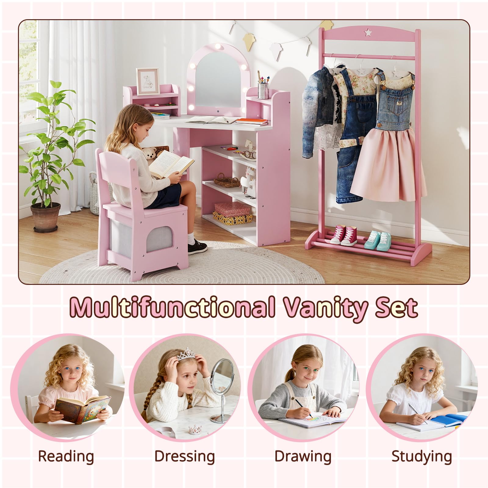 HOGEBABYKids Vanity Table and Chair Set with Lights - Image 7