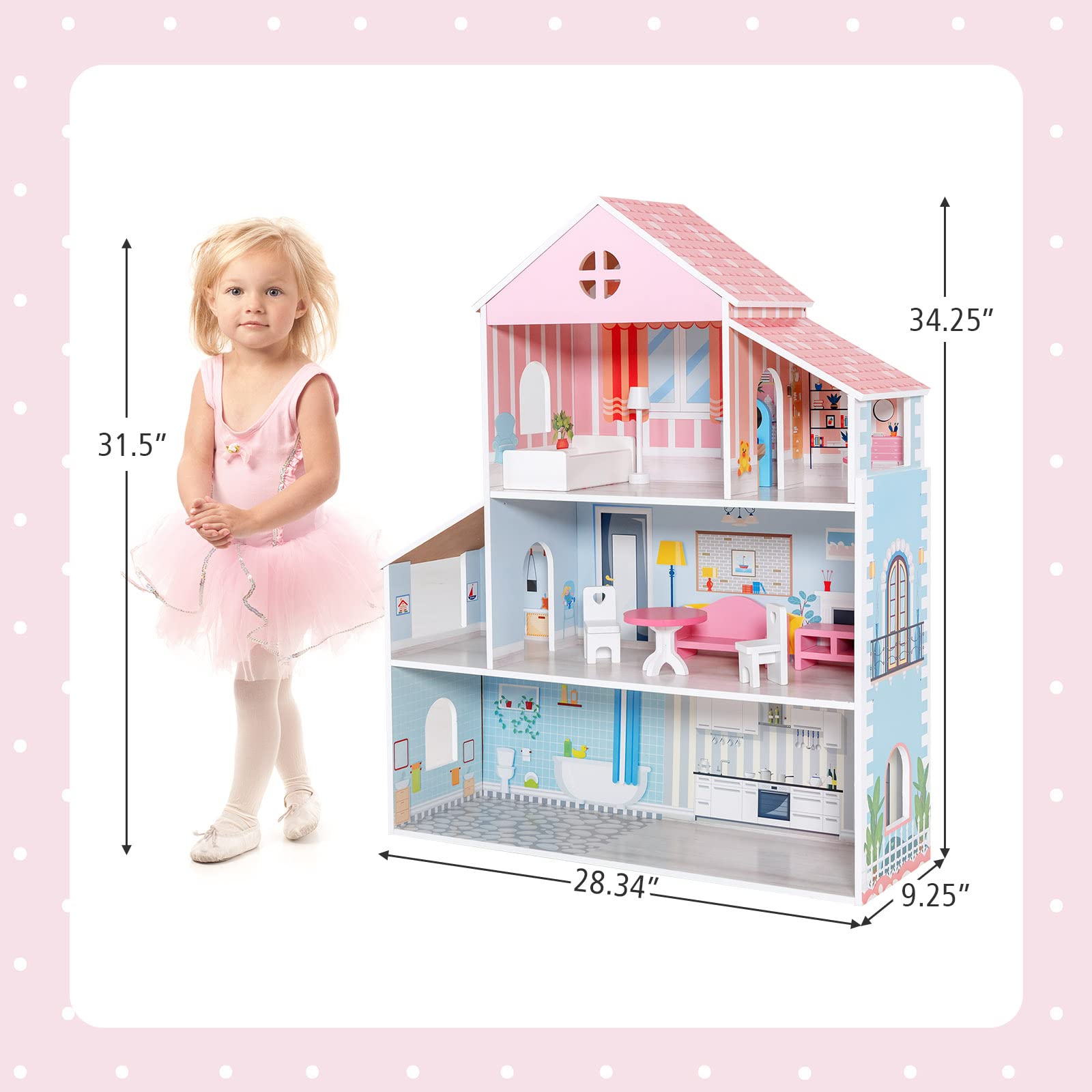 HOGEBABY Wooden Dollhouse, 3-Story Pretend Play Doll House with Living Room Bedroom - Image 7