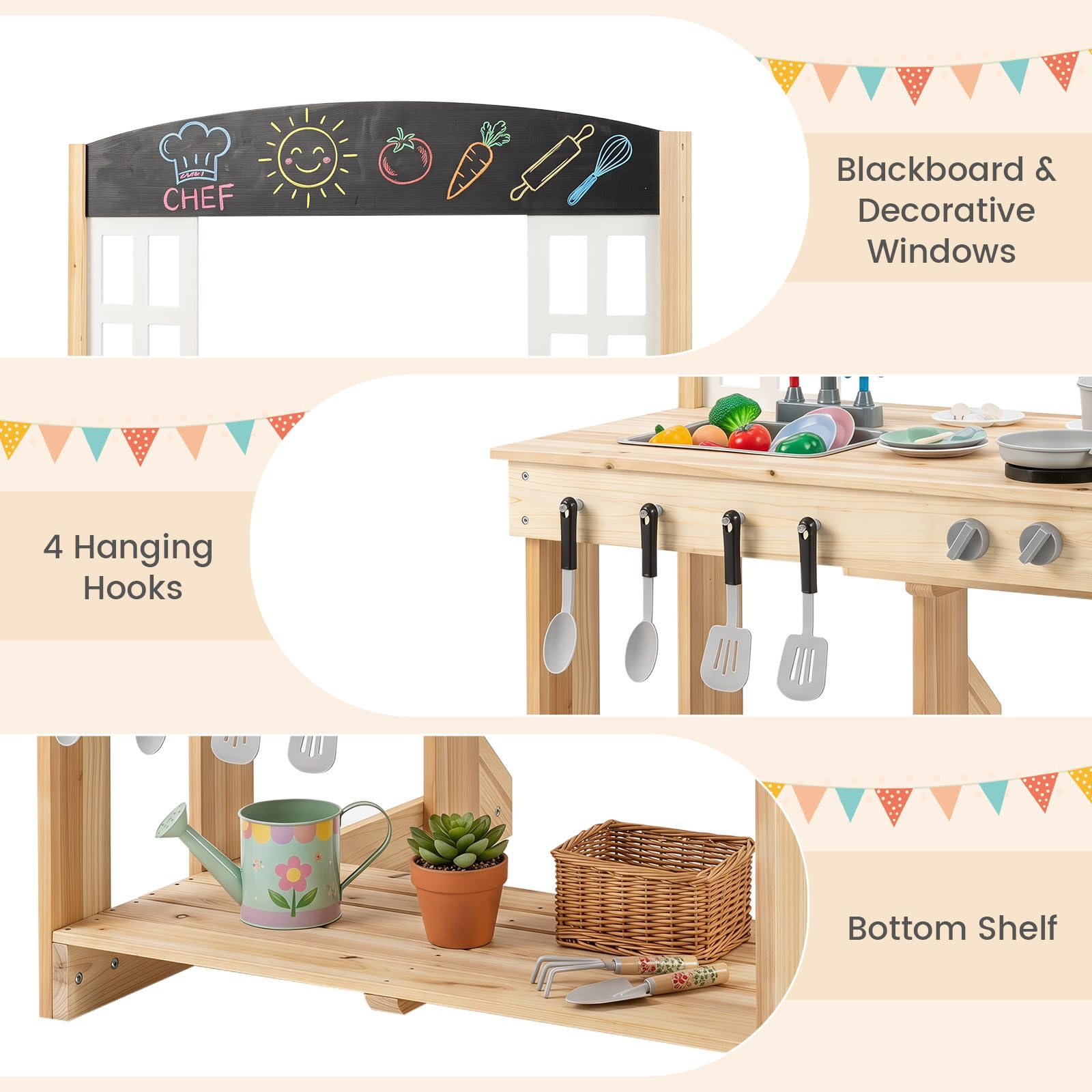 HOGEBABY Outdoor Wooden Kids Kitchen Playset w/Bench - Image 7