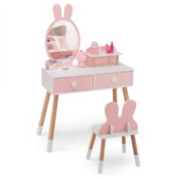 HOGEBABY Kids Vanity Set, Girls Vanity Set with Mirror and Stool, Pretend Play Vanity Table and Chair Set for Toddlers