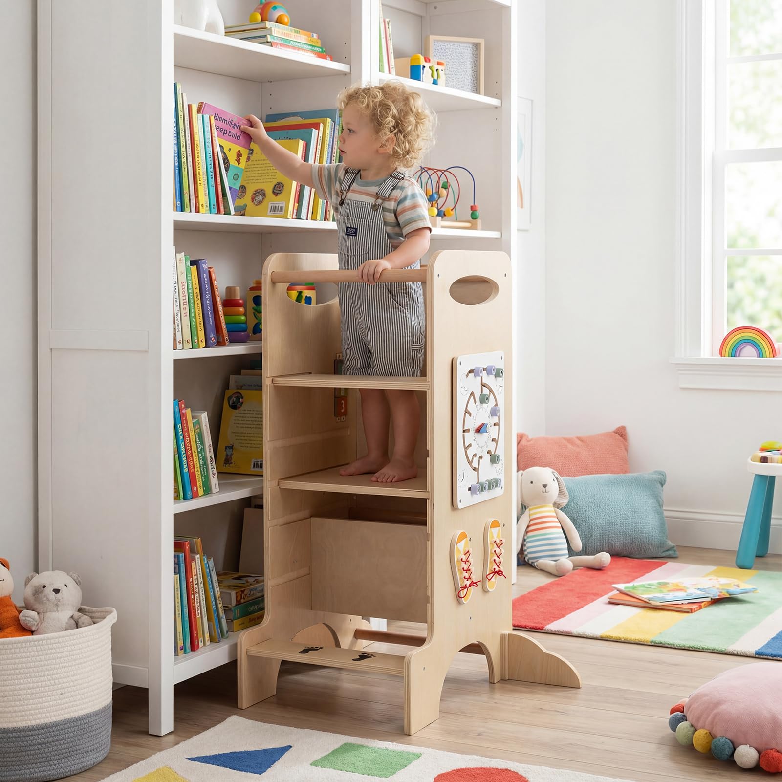 HOGEBABY Wooden Kids Standing Tower Detachable Chalkboard & Montessori Games - Image 8