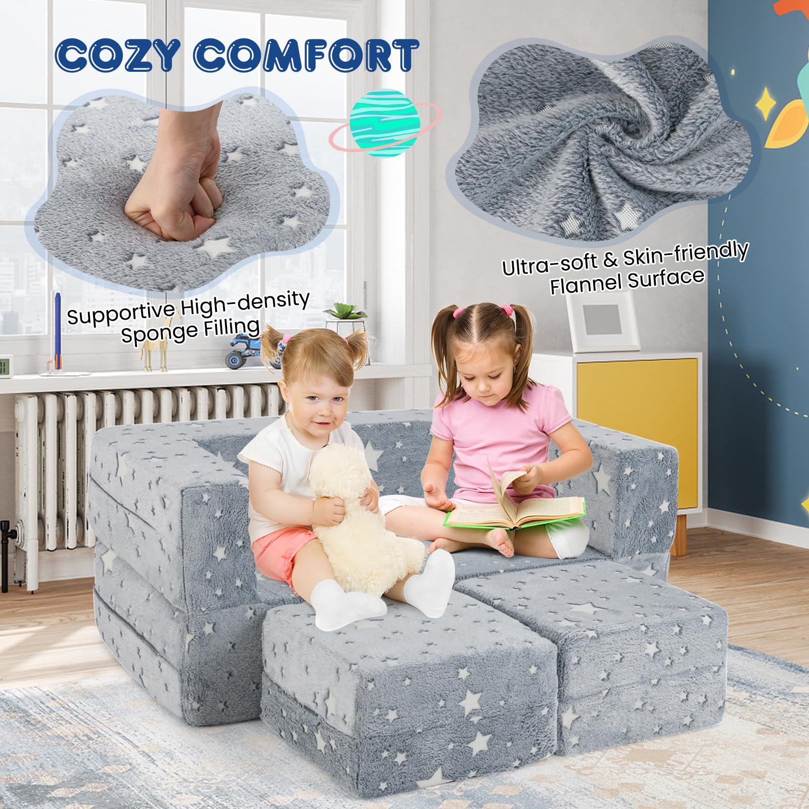 HOGEBABY Kids Couch Set Convertible, 2 Seat Toddler Chair Glow in The Dark, Fold Out Children Sofa Couch - Image 7
