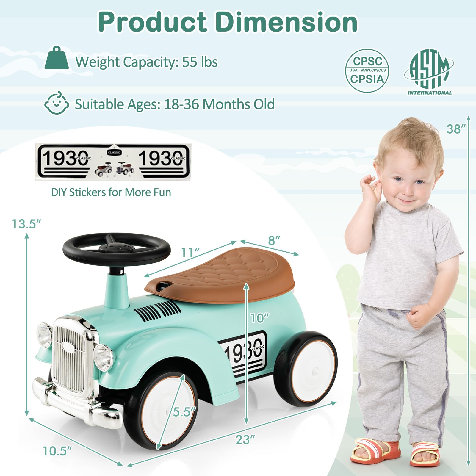 HOGEBABY Ride On Push Car for Toddlers, Classic Kids Ride On Car Foot-to-Floor Sliding Car with Steering Wheel - Image 3