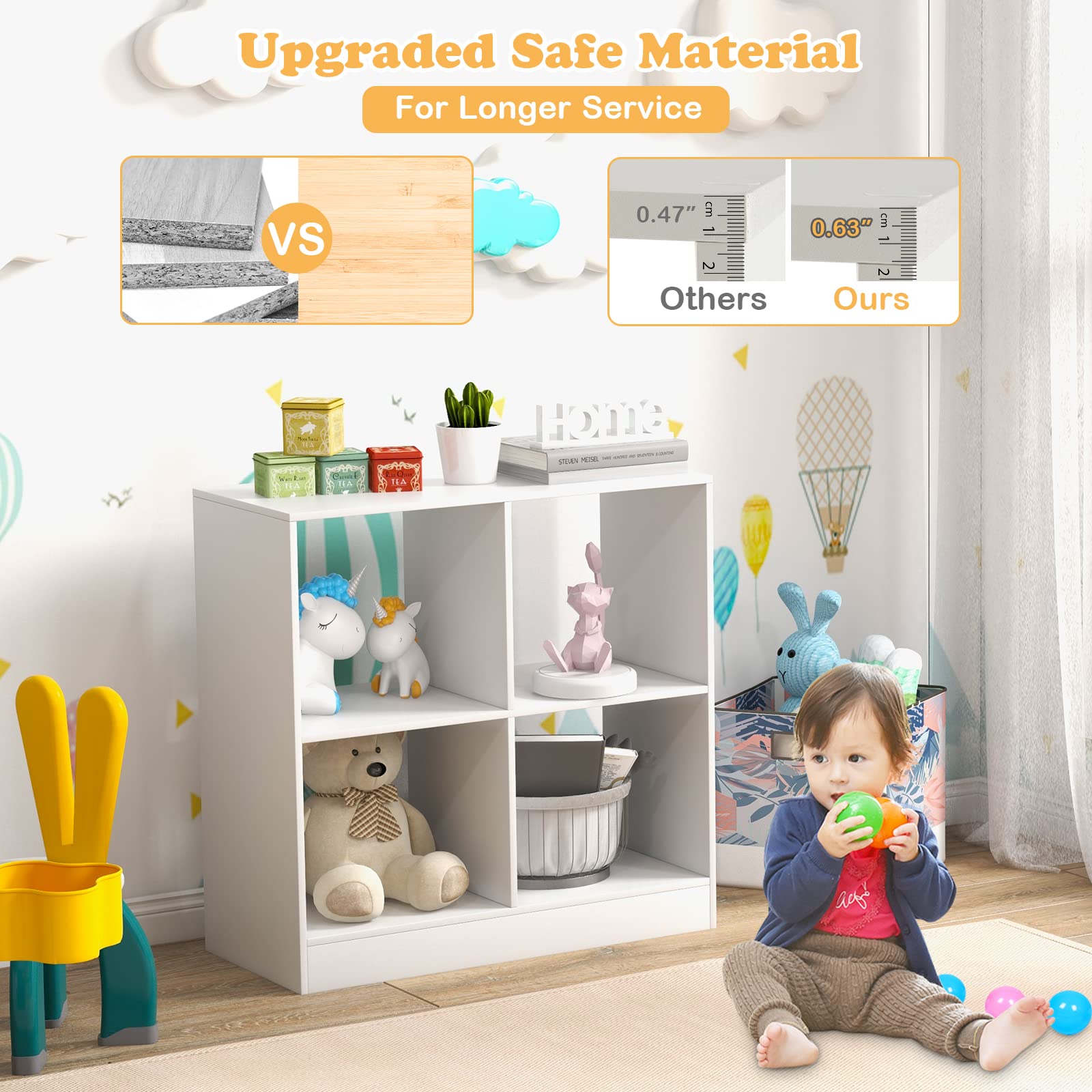 HOGEBABY Toy Organizers and Storage, Wooden White 4-Cube Kids Bookcase for Books Toys Display Organization - Image 7